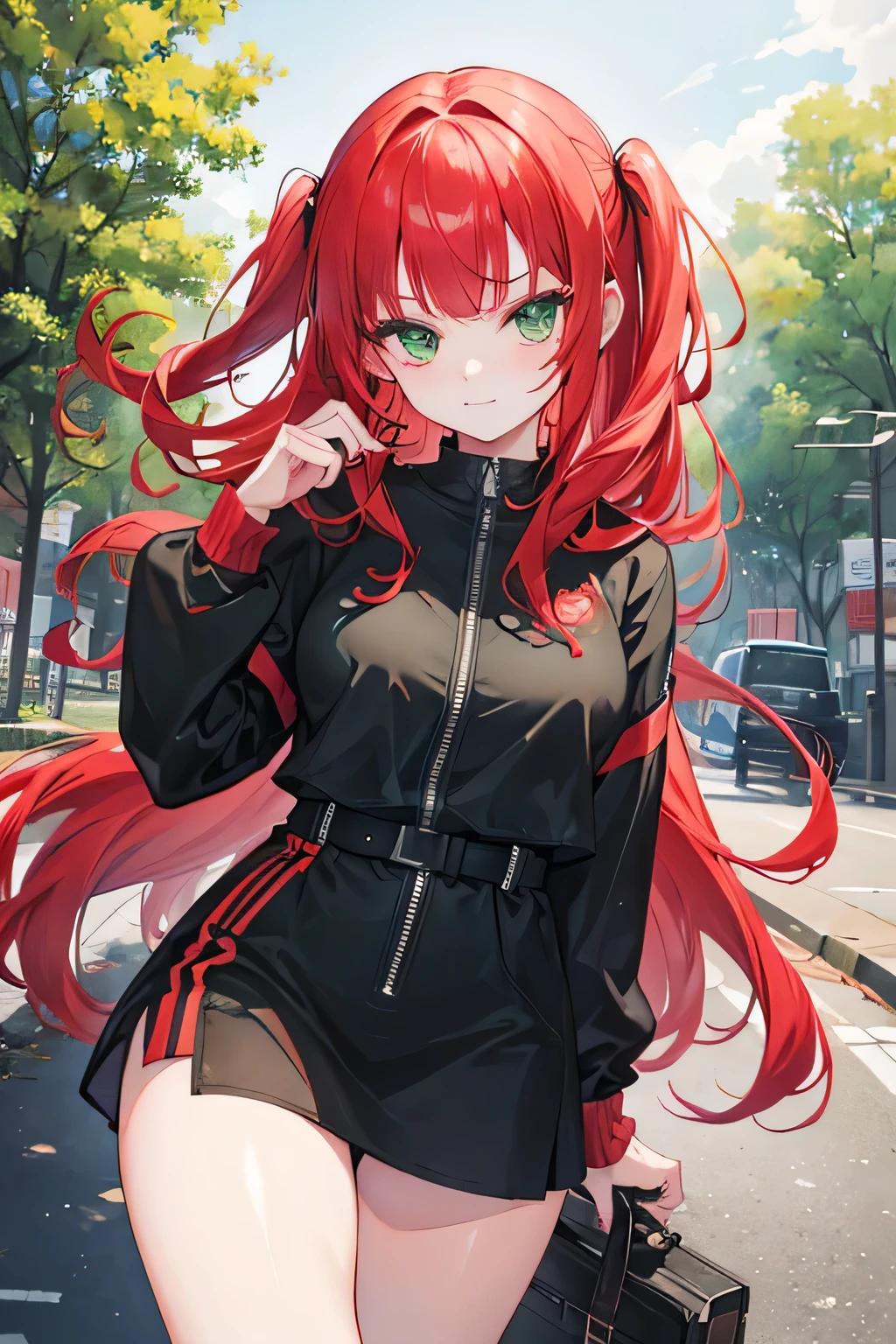 girl, green eyes, wavy red hair, bangs, bad girl, not smile, thug