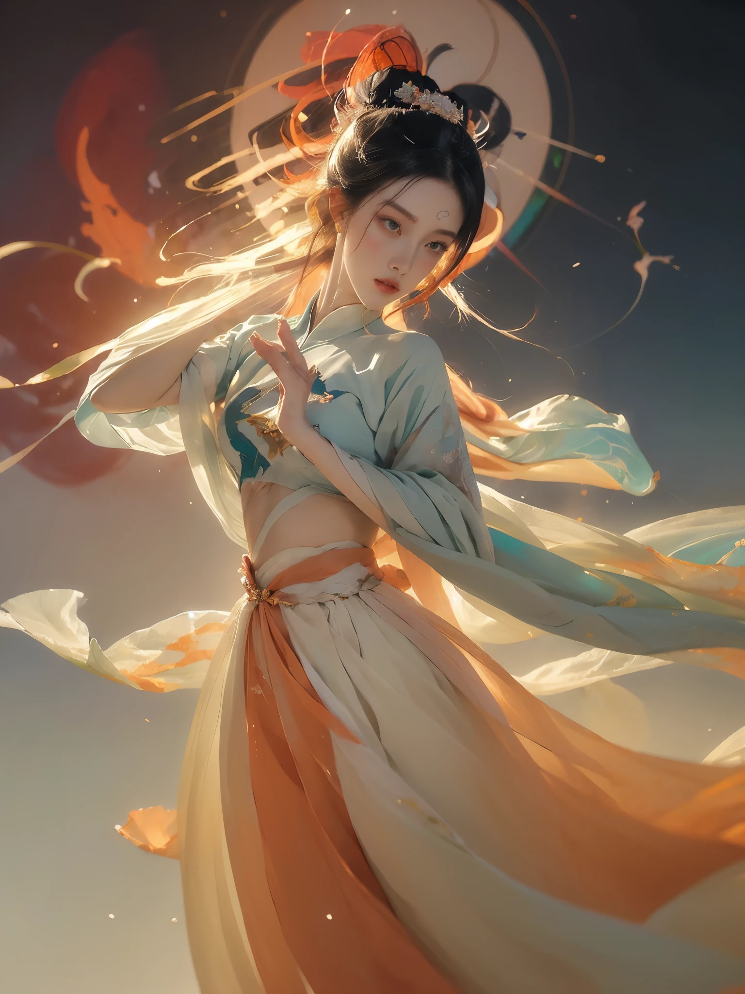 (1 Girl:1.4),Solitary, Gorgeous, Extremely detailed,(Joshua Middleton Comic Cover Art:1.1), (Action painting:1.2),(Concretism:1.2),(Hyperpolarization:1.5),rich and colorful,The most detailed,white gray background, White Hanfu, Pastel colors, (masterpiece, Top quality, best quality, Official Art, beautiful and aesthetic:1.2),
