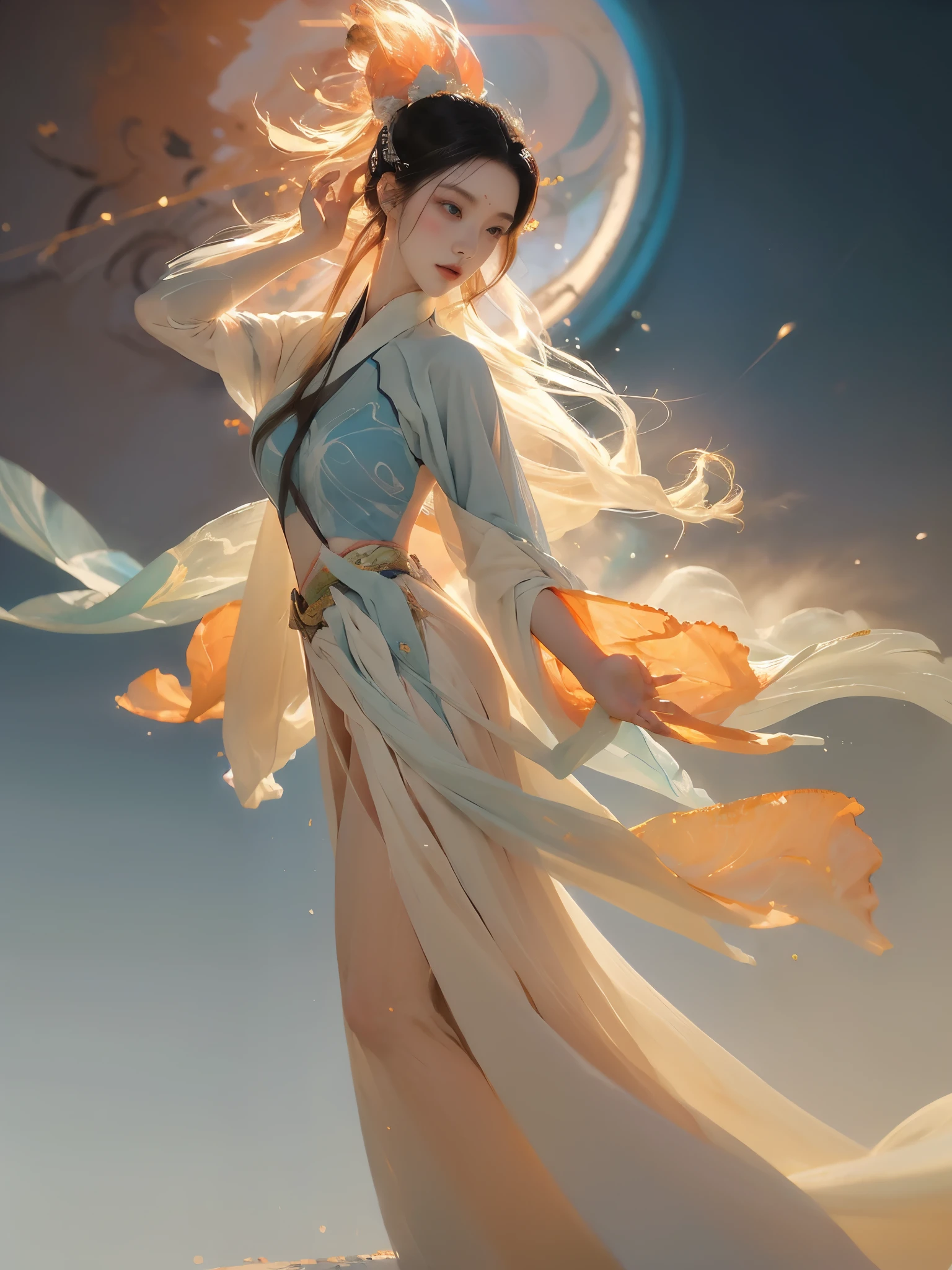 (1 Girl:1.4),Solitary, Gorgeous, Extremely detailed,(Joshua Middleton Comic Cover Art:1.1), (Action painting:1.2),(Concretism:1.2),(Hyperpolarization:1.5),rich and colorful,The most detailed,white gray background, White Hanfu, Pastel colors, (masterpiece, Top quality, best quality, Official Art, beautiful and aesthetic:1.2),