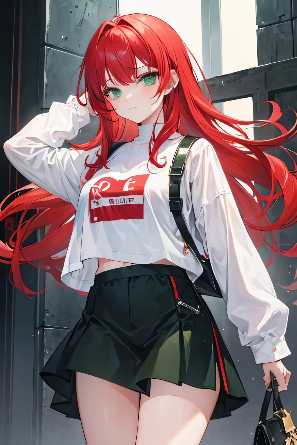 girl, green eyes, wavy red hair, bangs, bad girl, not smile, thug