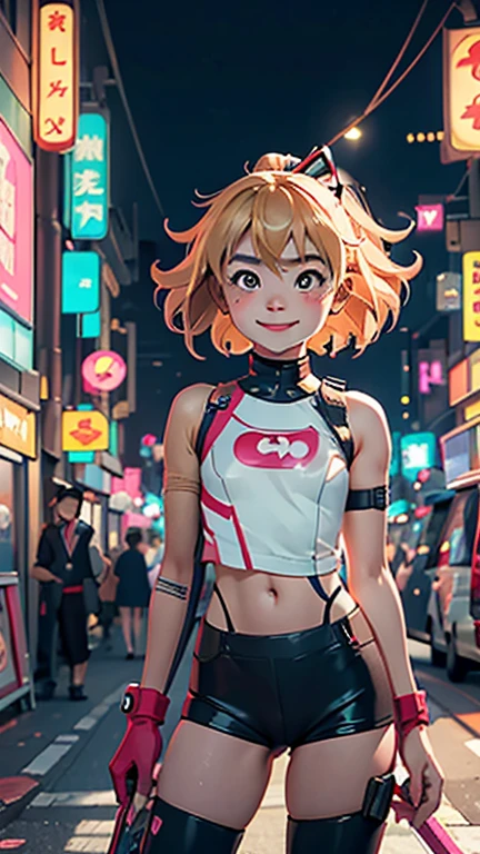 (8k),(masterpiece),(Japanese),(8--old l),((innocent look)),((Petit)),From the front,smile,cute,Innocent,Kind eyes,flat chest, Slender, Harley Quinn costume,semi-long,Hair blowing in the wind,Blonde Hair,strong wind,midnight,dark,neon light futuristic city