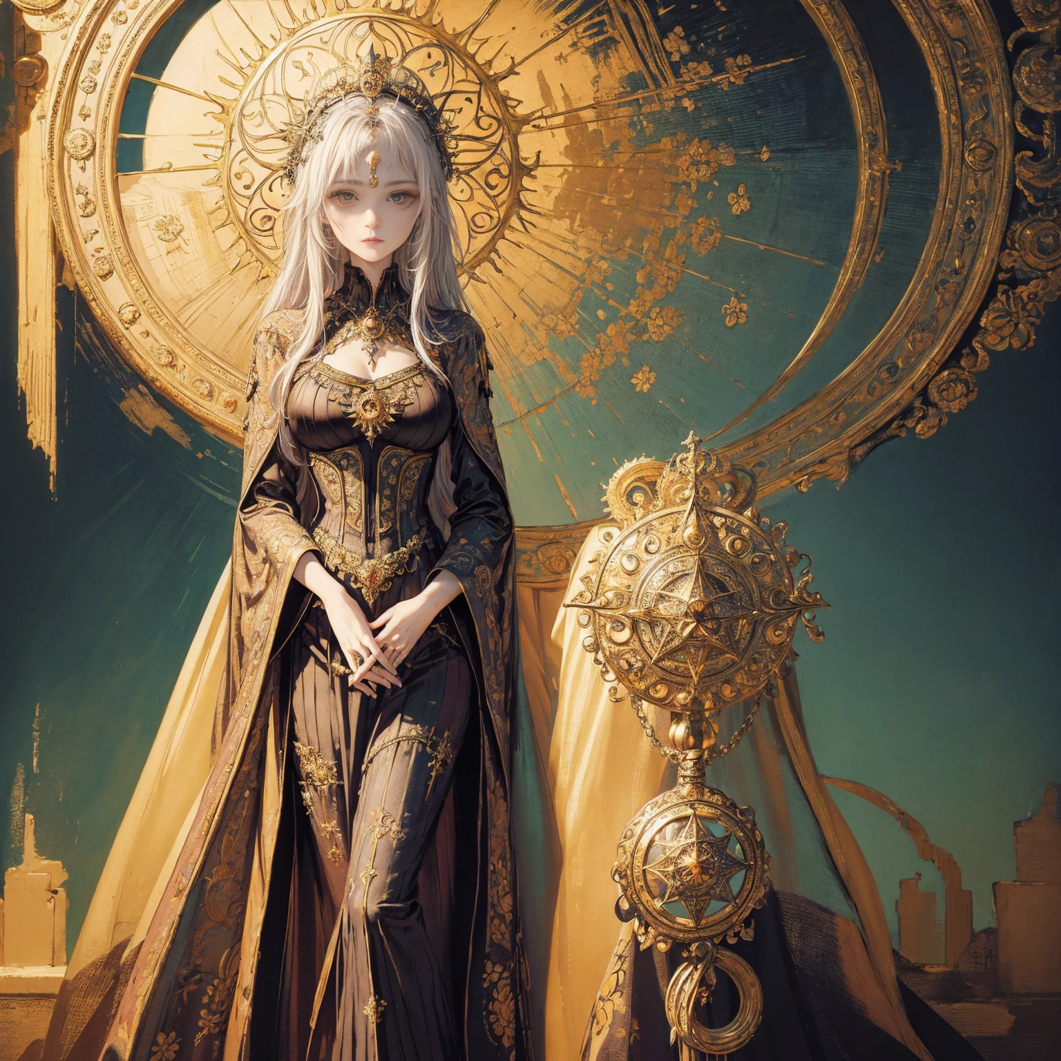 best quality, 4k, High resolution, masterpiece:1.2, Extremely detailed, Practical:1.37, Art of a Woman Wearing a Sun Crown, (((Occult art))), Very detailed goddess ancient art, Sacredness. Very detailed, Mysterious inspiration, Inspiration from the Sun God, (Faded pictures :1.2), Snob face, Standing, Full body portrait, (Gothic art style, Weird art style :1.3), faded colors