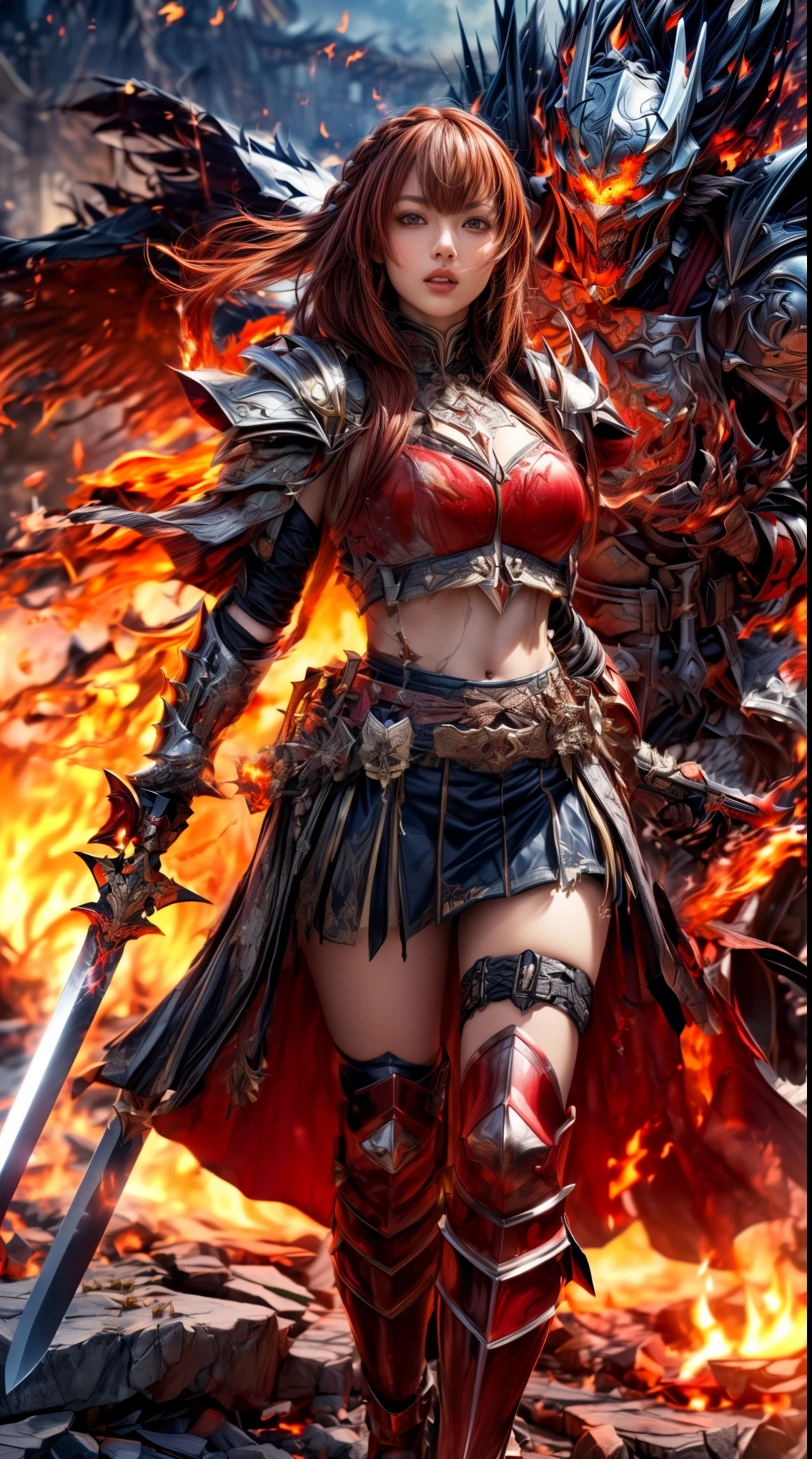 Very beautiful Swedish women、Slender women、(Detailed face)、Realistic Skin、((Fire Knight)), (((Crimson Armor:1.25)))、((((非常に繊細で繊細な装飾が施されたCrimson Armor:1.5))))、((Delicate photo))，(Girl Astepeace RAW Photo Details:1.25), (highest quality:1.6), (超A high resolution:1.5), (Realistic:1.75), 8K resolution, Canon EOS R5, 50mm, Absurd, Super detailed,Cinema Lighting,Battlefields of Medieval Europe、((Fight))、RPG World、Final Fantasy、(((Decorative skirt)))、Thigh-high socks、Shingard、((Dark Redhead))、((Very short bangs))、((Braiding))、(Six Pack)、Torn Cloak、Beautiful Armor、(((Giant Sword)))、In combat、The wind is blowing、(((Flames covering the area)))、(((Leading a large group of red knights)))、(((Knight Commander)))、(Armor with a phoenix motif)、(((flames of fire)))、(((Intense action scenes)))、(((Crimson Phoenix)))、((Browsing Caution:1.1))、