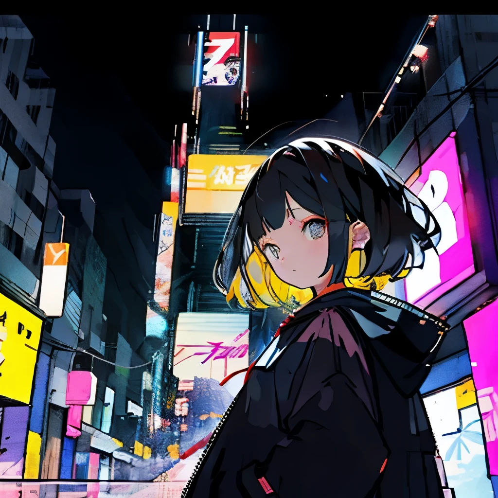 1 person、girl、Black Hair、short、Turn around、Black hoodie、Neon background