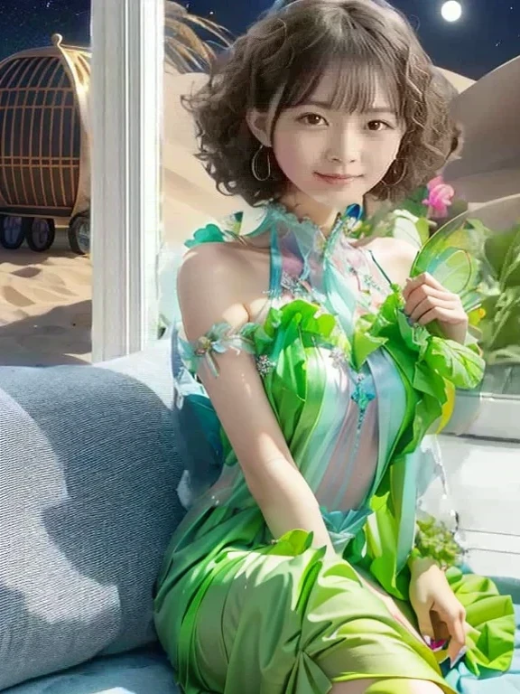 ((She is sitting in a green dress, exposing her thighs.、22 year old adult female)