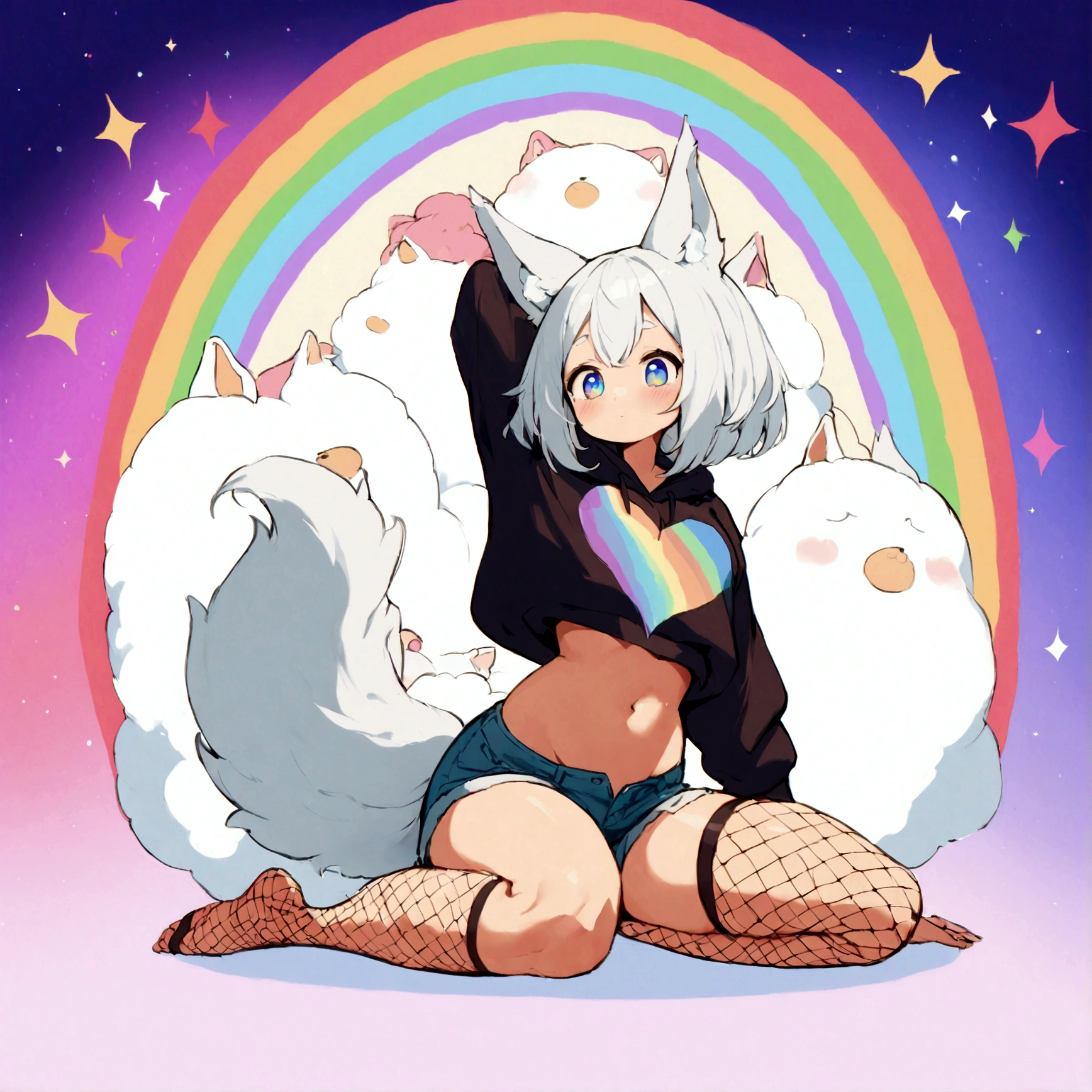 a cute adult male with wolf ears,long white hair with long locks, has a wolf tail, wearing a loose cropped oversized black hoodie, wearing a pair of denim short shorts and thigh high fishnet stockings, thick thighs, wide hips, relaxing on mound of fluffy multi colored kawaii plushies, short, very slim, showing slender tummy, stretching out, heart on hoodie, squishy thighs, has glowing blue eyes. alone, solo (ALONE)(SOLO), surrounded by rainbows, colorful galaxy backround, nice butt, looking down at the camera, looks giant