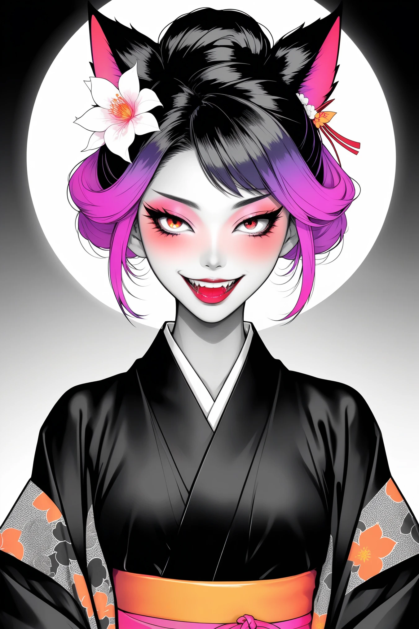 (best quality, sketch:1.2),actual,illustrator,Vixen，Japanese cartoons,1 girl, Detailed lips, ，Fangs，hand，kimono,amusement, black and white gradient background,Neon hair,Texture cropping, masterpiece, The style is vintage, Deep Black 