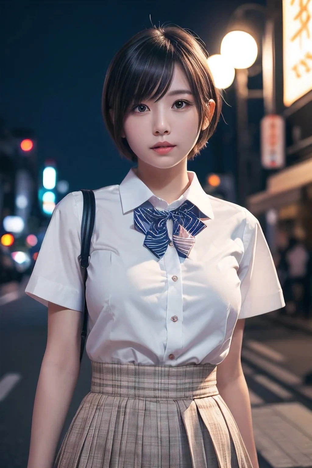 (8k, RAW photo, best quality, masterpiece:1.2), (realistic, photo-realistic:1.37), ultra-detailed,
1 girl,cute, solo,beautiful detailed sky,detailed tokyo street,night,
medium breasts,beautiful detailed eyes,(collared shirt:1.1), bowtie,pleated skirt,(short hair:1.2),floating hair