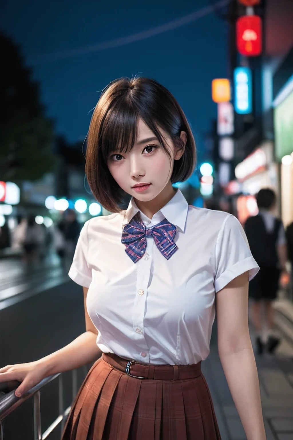 (8k, RAW photo, best quality, masterpiece:1.2), (realistic, photo-realistic:1.37), ultra-detailed,
1 girl,cute, solo,beautiful detailed sky,detailed tokyo street,night,
medium breasts,beautiful detailed eyes,(collared shirt:1.1), bowtie,pleated skirt,(short hair:1.2),floating hair
