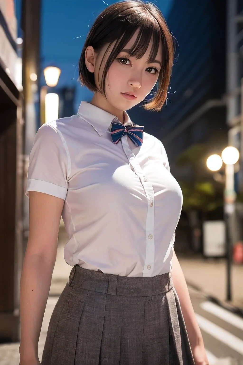 (RAW Photography, Masterpiece: 1.4), (Realistic, Photorealistic: 1.2), portrait, beautiful sky in detail, fashion, beholder, future, cross-legged
cute, solo, (smile: 1.25), small breasts (with mouth closed), (beautiful eye hair: 1.1), (dark blonde: 1.2), (short hair: 1.1), floating hair,
Bow tie, collared shirt, pleated skirt, stage costume, chalk, (8K, RAW photo, top quality, masterpiece: 1.2), (realistic, photorealistic: 1.47), cinema lighting), (super beautiful), (seductive smile), omertosa, one girl, (smile: 1.1), (mouth closed), (aegio sal1) (short hair :1.2) Floating Hair NovaFrogStyle Cyber Future Cute Cityscape Cyberpunk City Night Constellation Date Pro Lighting Photon Mapping Radiosity Physics Based Rendering