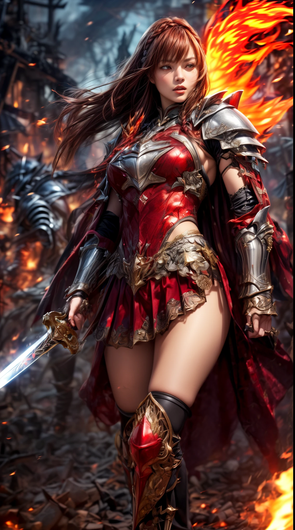 Very beautiful Swedish women、Slender women、(Detailed face)、Realistic Skin、((Fire Knight)), (((Crimson Armor:1.25)))、((((非常に繊細で繊細な装飾が施されたCrimson Armor:1.5))))、((Delicate photo)),(Girl Astepeace RAW Photo Details:1.25), (highest quality:1.6), (超A high resolution:1.5), (Realistic:1.75), 8K resolution, Canon EOS R5, 50mm, Absurd, Super detailed,Cinema Lighting,Battlefields of Medieval Europe、((Fight))、RPG World、Final Fantasy、(((Decorative skirt)))、Thigh-high socks、Shingard、((Dark Redhead))、((Very short bangs))、((Braiding))、(Six Pack)、Torn Cloak、Beautiful Armor、(((Giant Sword)))、In combat、The wind is blowing、(((Flames covering the area)))、(((Leading a large group of red knights)))、(((Knight Commander)))、(Armor with a phoenix motif)、(((flames of fire)))、(((Intense action scenes)))、(((Crimson Phoenix)))、((Browsing Caution:1.1))、
