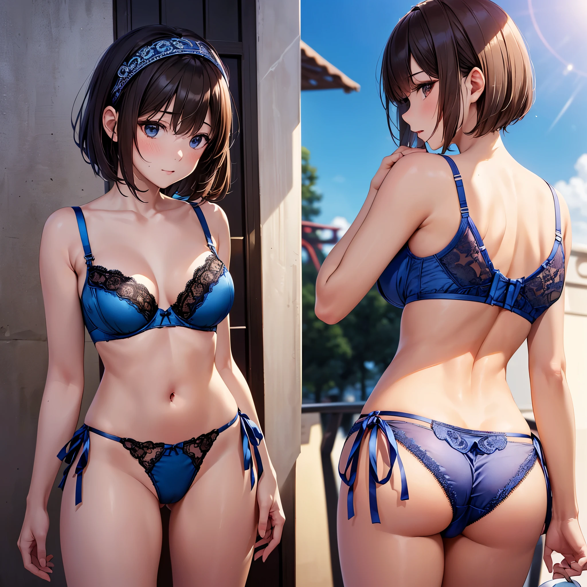 (((masterpiece, highest quality, High resolution, 超High resolution, Perfect Pixel, Depth of written boundary, 4K, RTTX 10.0))), Beautiful Anime Woman, Beautiful art style, Anime characters, ((Smooth texture, Realistic texture, Anime CG Style)), Exact finger count、Exact number of legs、(Exact number of arms:1.0, Exact number of hands:1.0), (Perfect hands, Perfect Anatomy), Cinematic, Realistic, Extremely detailed CG, Daytime lighting, Perfect lighting, Best Shadow, The best natural light, whole body, Perfect body, (Slender body:1.2), ((Long Hair, bangs, Dark brown hair, Stylish hairstyle, Bobcut)), ((1人のcute女性は飲み物を手に持って歩いて運んでいる:1.6)), ((Alone:1.0)), beauty, cute, ((セクシーでcute青下着:1.3), (Stylish shiny dark blue satin panties, Side-tie panties:1.3), (Thin panties:1.3), (Blue micro lace satin bra, Thin bra:1.3), apron over underwear, Frifli apron:1.3), (Beautiful little ass:1.2), (Beautiful and thin thighs:1.3), Feeling embarrassed, (blush:1.2), (Very embarrassed look:1.4), Troubled expression, (At an outdoor amusement park, There is a Ferris wheel and people having fun behind it.々:1.3), naked, In underwear, Waitress in underwear, Maid Headband, whole body, (Underwear waitress carrying drinks:1), Back view, Angle from the rear, Short torso