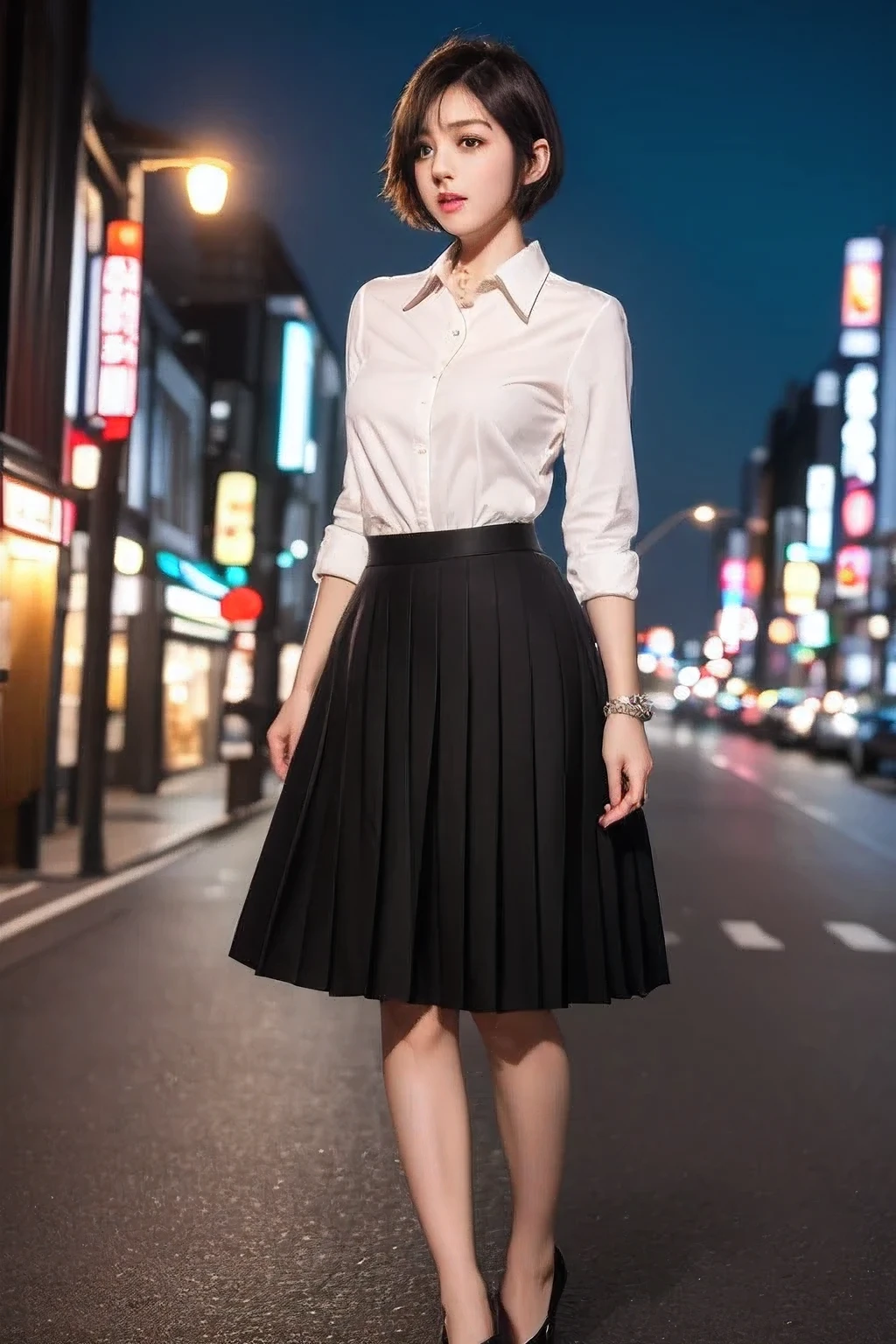(8k, RAW photo, best quality, masterpiece:1.2), (realistic, photo-realistic:1.37), ultra-detailed,
1 girl,cute, solo,beautiful detailed sky,detailed tokyo street,night,
medium breasts,beautiful detailed eyes,(collared shirt:1.1), bowtie,pleated skirt,(short hair:1.2),floating hair