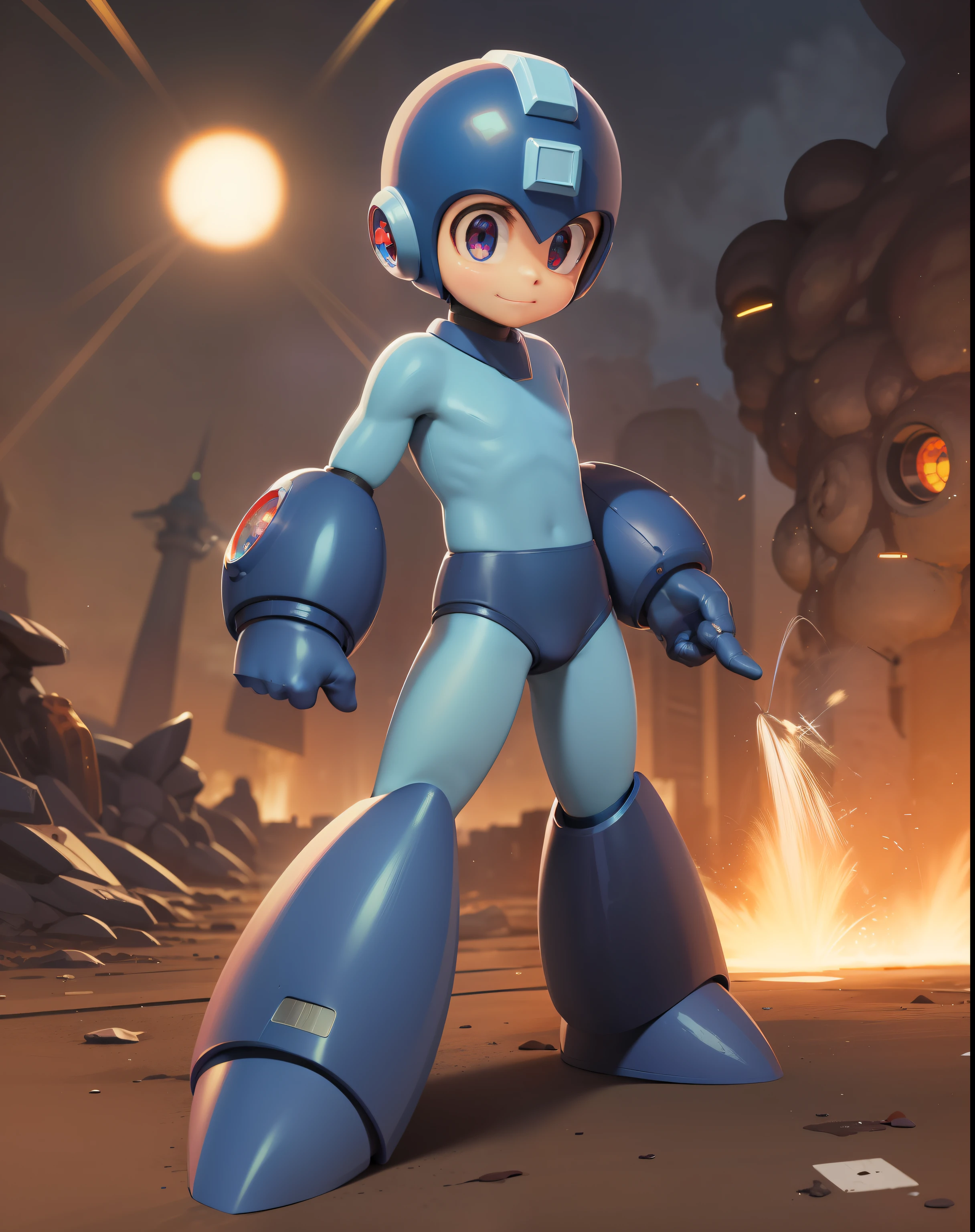 ((obra-prima, melhor qualidade)), cor verdadeira, fotorrealista, realista, (luz complexa), 1boy, solo, corpo inteiro, megaman, capacete, olhos azuis, bodysuit, bashful, :<, pele brilhante, (castelo saltitante), (pele de chocolate: 1.2), absurdres, HDR, (obra-prima: 1.2), standingn, sorriso, Robotic legs, blaster de carregamento, welcome excretion, Coiled fiber optic cables