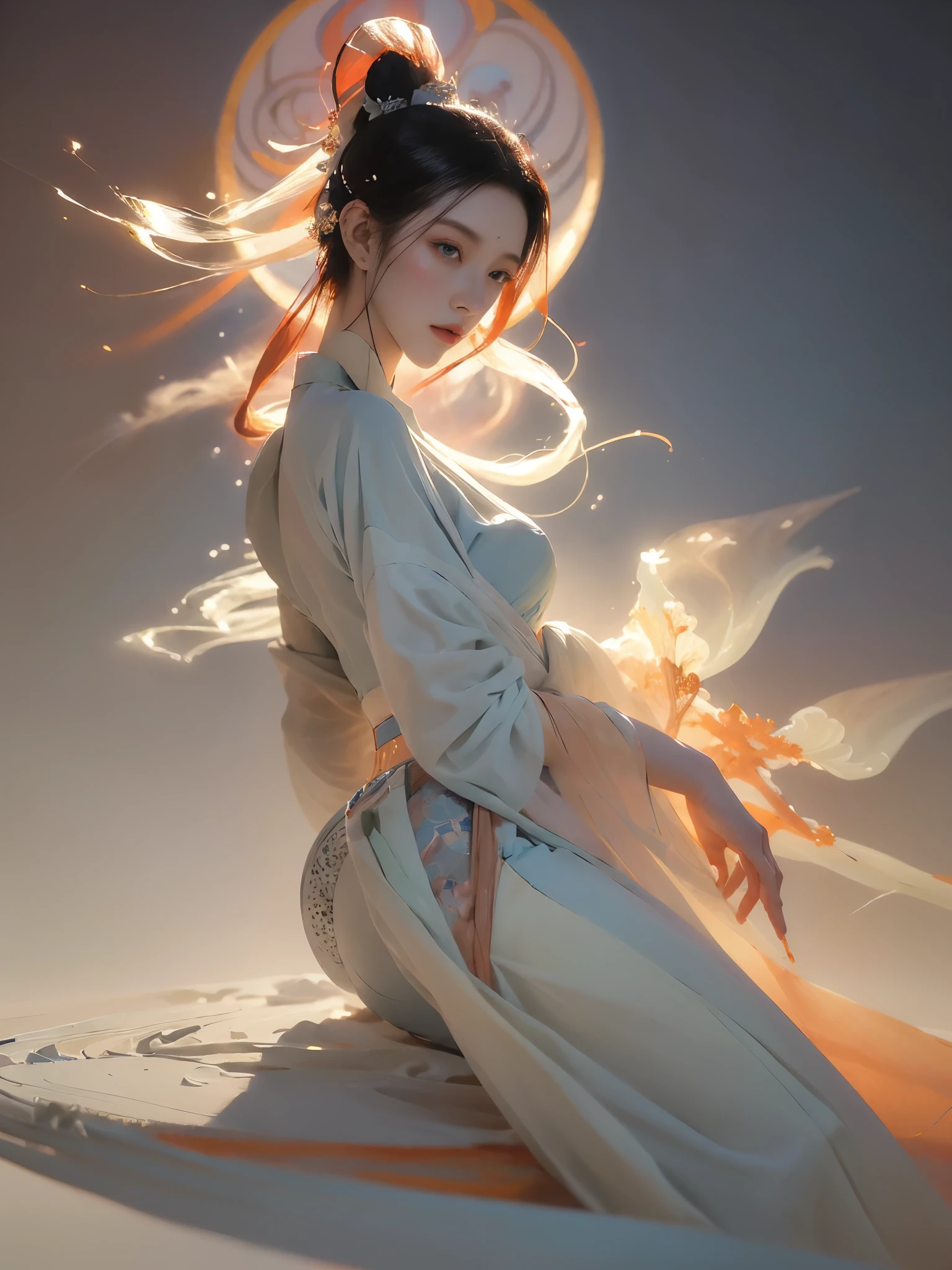 (1 Girl:1.4),Solitary, Gorgeous， Extremely detailed,(Joshua Middleton Comic Cover Art:1.1), (Action painting:1.2),(Concretism:1.2),(Hyperpolarization:1.5),rich and colorful,The most detailed,white gray background, White Hanfu, Pastel colors， (masterpiece, Top quality, best quality, Official Art, beautiful and aesthetic:1.2),