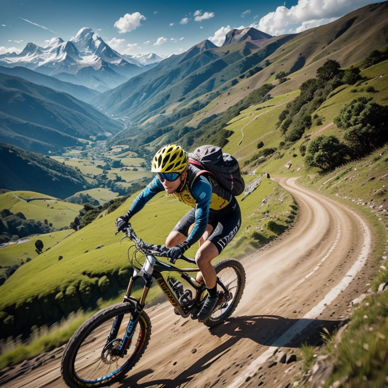 A Beautiful blondie fenale Extreme Trail Mountain Biker an elongated blurred effect to convey speed, detailed face, is pedaling up hill in Boyaca, insanely detailed and intricate Mountain scene background, in the style of photorealistic oil on canvas painting, Dramatic Boyaca Mountain background; adventure and inspiration motivation concept