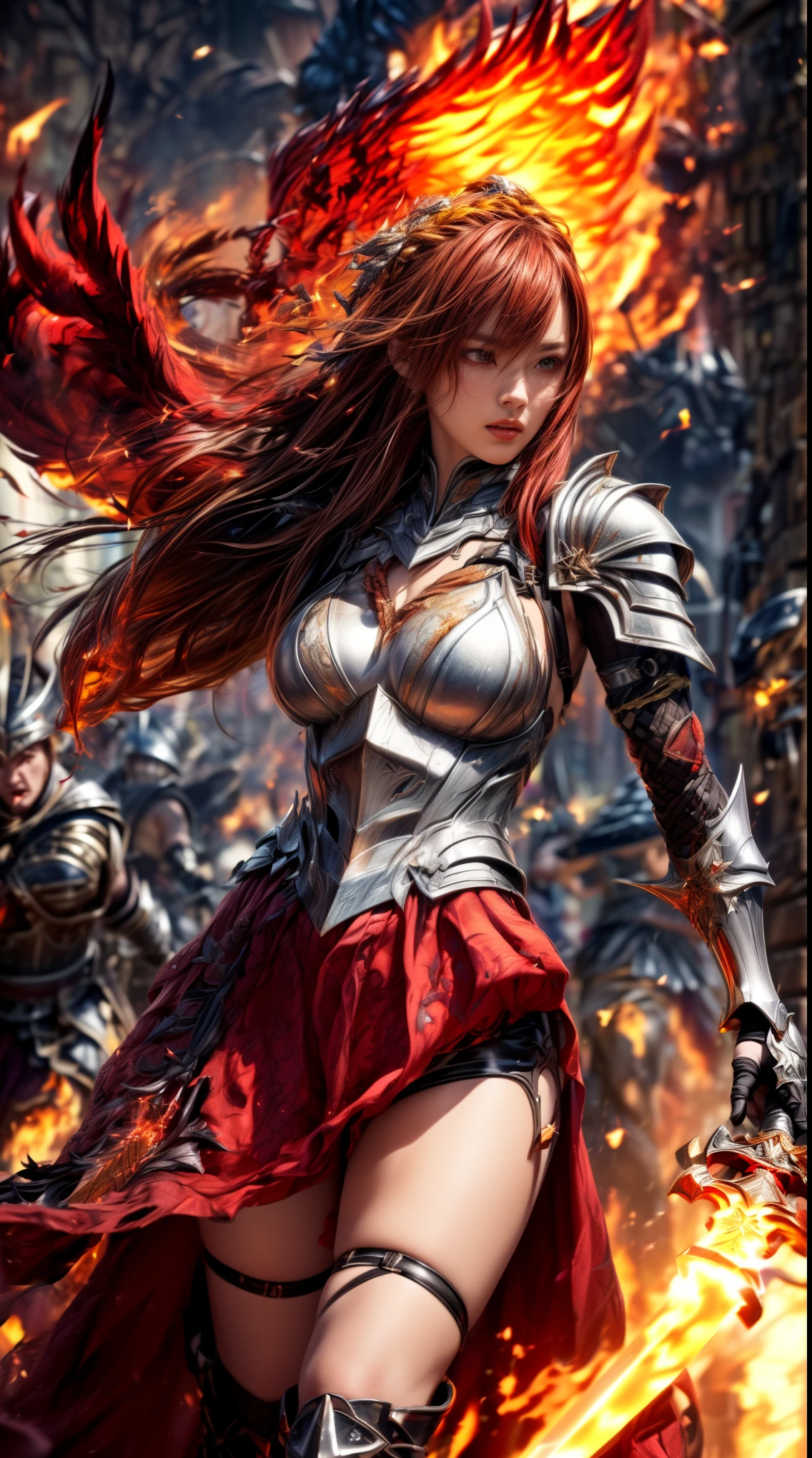 Very beautiful woman、Slender women、(Detailed face)、Realistic Skin、((Knight of Fire)), (((Crimson armor:1.25)))、((((Black armor with very fine and intricate decoration))))、((Delicate photo))，(Girl Astepeace RAW Photo Details:1.25), (highest quality:1.6), (超A high resolution:1.5), (Realistic:1.75), 8K resolution, Canon EOS R5, 50mm, Absurd, Ultra-detailed,Cinema Lighting,Battlefields of Medieval Europe、((battle))、RPG World、Final Fantasy、(((Embellished skirt)))、Thigh-high socks、Shin Guards、night、((too long bangs))、((One long thick dark red hair braid))、Get six-pack、Torn Cloak、Beautiful Armor、(((Giant Sword)))、In combat、The wind is blowing、(((Inferno filling the entire area)))、(((Leading a large group of red knights)))、(((Knight Commander)))、Armor with a Phoenix motif、Old scar on right cheek:1.2、((Fire blaze))、(((Intense action scenes)))