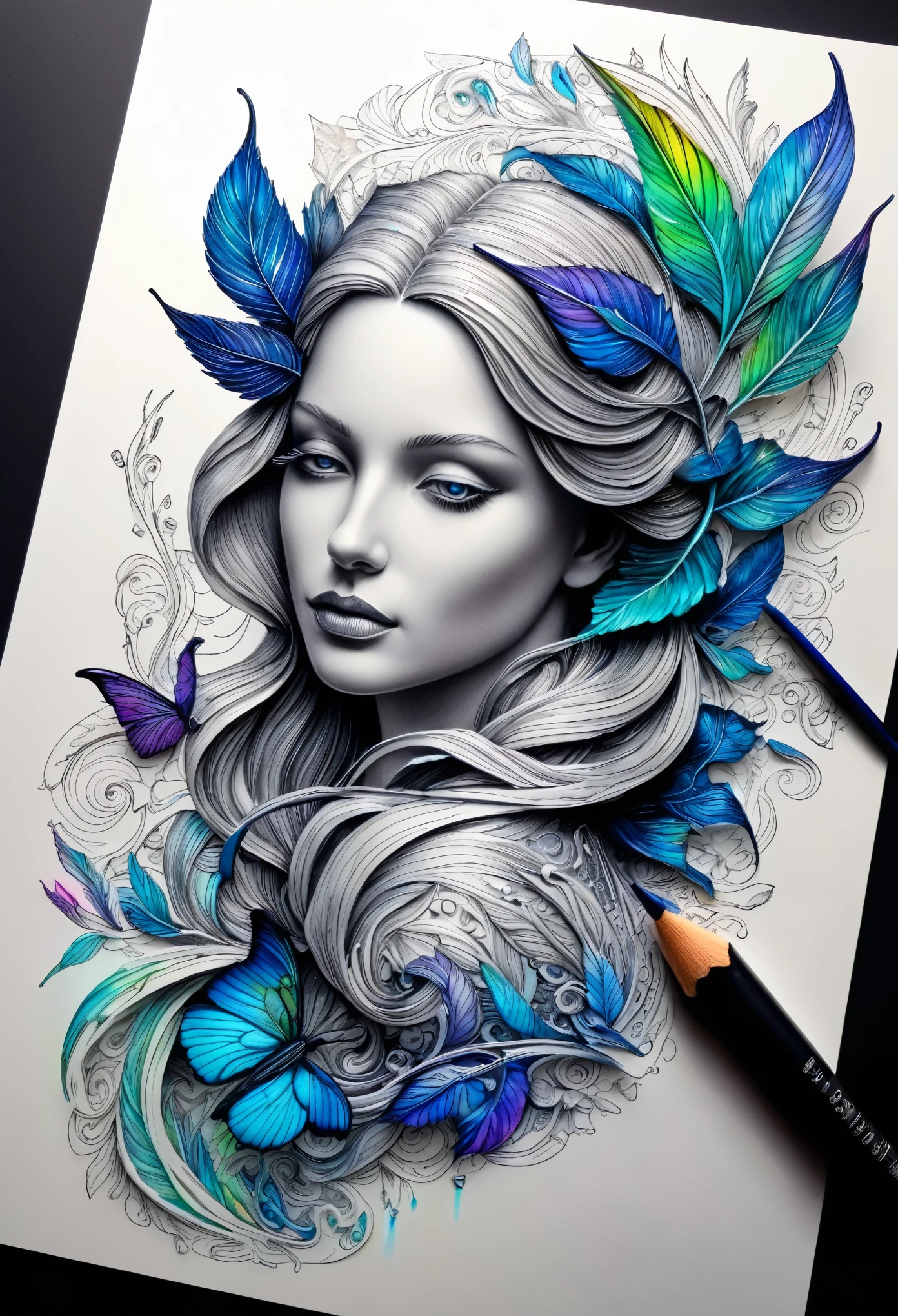 Dessiner une figurine 4D de style encre uhd époustouflante et à couper le souffle, effet holographique qui semble sortir de la feuille de dessin, extremely detailed drawing, hyperRéaliste, sublime details. Truly remarkable work, joyful and sensual work, couleurs flamboyantes