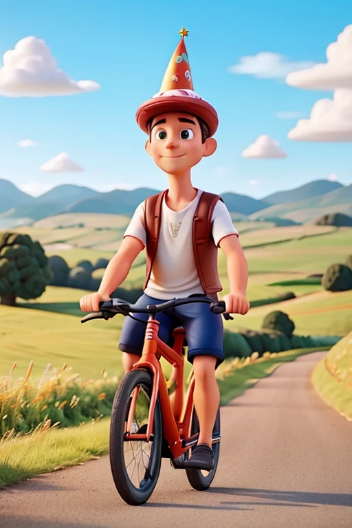 a man wearing a birthday hat and cycling in the countryside, leave space for text