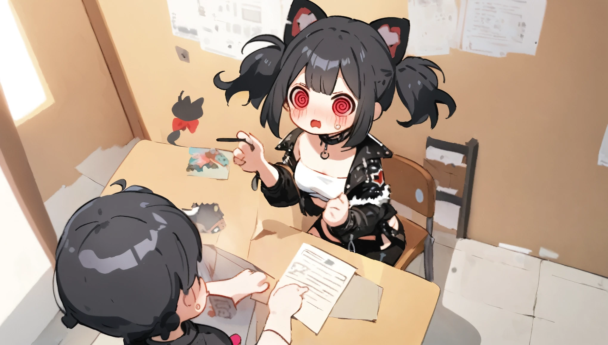 2d,female\(cute,kawaii,age of 12,crying loud ,very confused,floating hair,(black hair:1),(long twin tails hair),holding pencil,sitting at desk,taking exam,pale skin,skin color blue,red eyes,eyes shining,(big eyes),(ripped clothes:1.5),tight tube top,(breast:1.4),tight hot pants,(stomach shown:0.6),(punk fashion:1.4),(ripped black short jacket:1.4),(fluffy black cat-ear),better hands,Perfect Hands,full body,(bright white @_@:1.8)\) is detention and (taking a exam:1.3), BREAK ,at the college room,[chibi:1.4],quality\(8k,wallpaper of extremely detailed CG unit, ​masterpiece,hight resolution,top-quality,top-quality real texture skin,hyper realisitic,increase the resolution,RAW photos,best qualtiy,highly detailed,the wallpaper/),(from above)