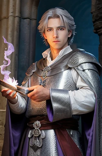 ((highest quality)), ((masterpiece)), (detailed), Perfect Face, Adult strict elegant male magician, Strong physique, Long-sleeved grey chainmail and wizard robes, Shoulder-length gray hair, Lilac eyes, A satisfied look, A firm expression on the face, Noble appearance, holding a silver sword, In his other hand he holds a glowing iridescent purple magical flame., The grey dragon next to him, Ancient castle in the background, medieval setting.