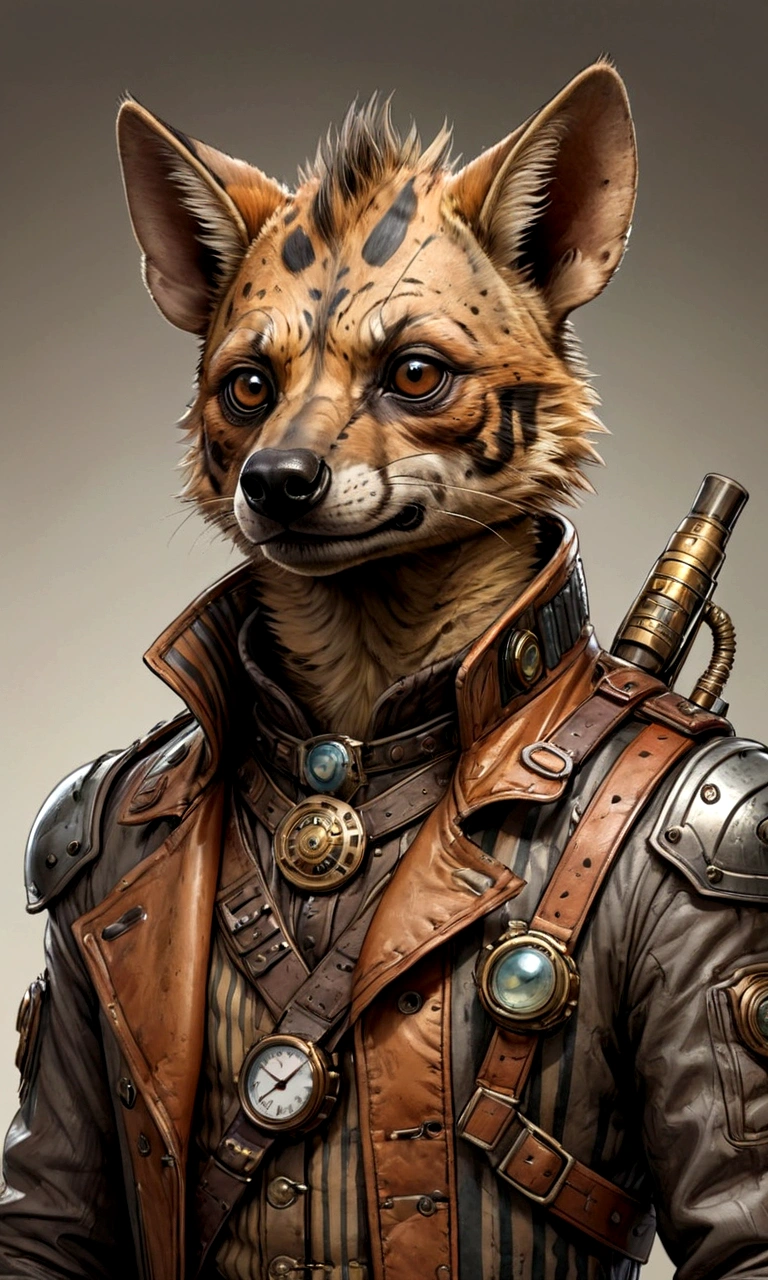 ((Masterpiece)), (Best Quality), (Cinematic),(highly accurate drawing in every detail)(extremely precise representation)half_body_portrait,victorian steampunk vibe,, a stunning steampunk striped hyena(male)(with all hyena specific bodyparts) dressed in cool leather pilot suit with layers and buckles and accessoires holding a ballistic gun,big eyes,  high quality linework,plain background,1 line drawing,Hyaena hyaena, plain white background