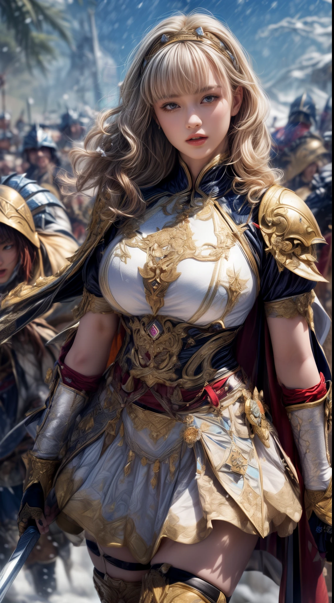 Very beautiful woman、Slender women、(Detailed face)、Realistic Skin、((Paladin)), ((Pearl White Armor))、((((A black armor with extremely detailed and intricate decoration.:1.1))))、((Delicate photo))，(Girl Astepeace RAW Photo Details:1.25), (highest quality:1.6), (超A high resolution:1.5), (Realistic:1.75), 8K resolution, Canon EOS R5, 50mm, Absurd, Super detailed,Cinema Lighting,((Fightfield))、((Fight))、(((White skirt with embellishments)))、Thigh-high socks、Shingard、((blonde))、((Curly Hair))、((Drill Hair))、((Short hair with bangs and wavy hair,))、Get a six pack、Cape、Beautiful Armor、(((Has a huge weapon)))、(In combat)、The wind is blowing、((Symmetrical armor))、((((Blizzard))))、(((Lead a large group of knights:1.2)))、banner、Armor with a snow and ice motif、(((Battle Scenes)))、((Browsing Caution:1.1))