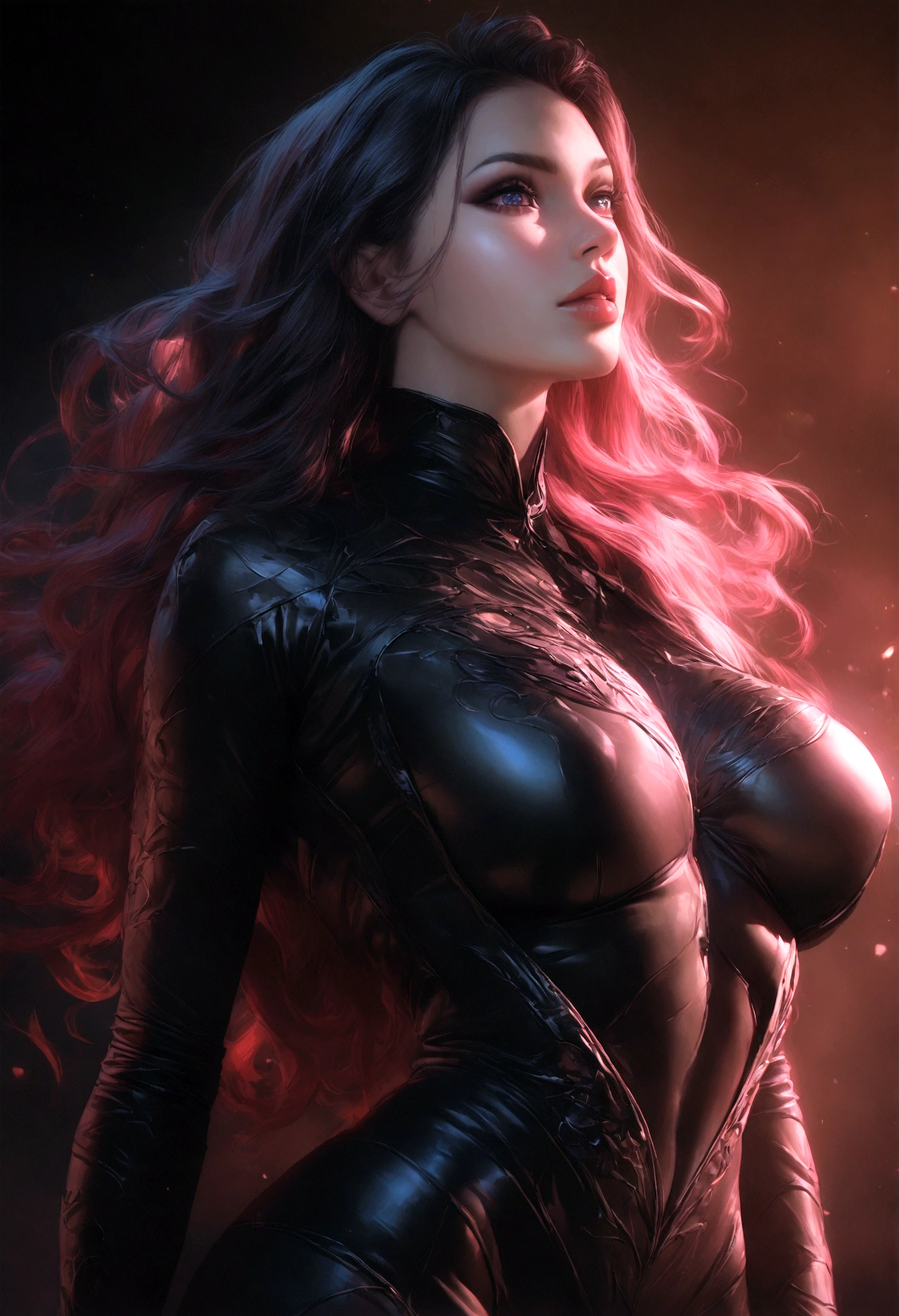 a woman, extremely detailed face, beautiful detailed eyes, beautiful detailed lips, longeyelashes, very sexy black transparent ultra-realistic thighhighs, very large breasts, photorealistic, 8k, high quality, masterpiece, intricate details, hyper-realistic, cinematic lighting, dramatic lighting, vibrant colors, chiaroscuro, dramatic colors, rich textures