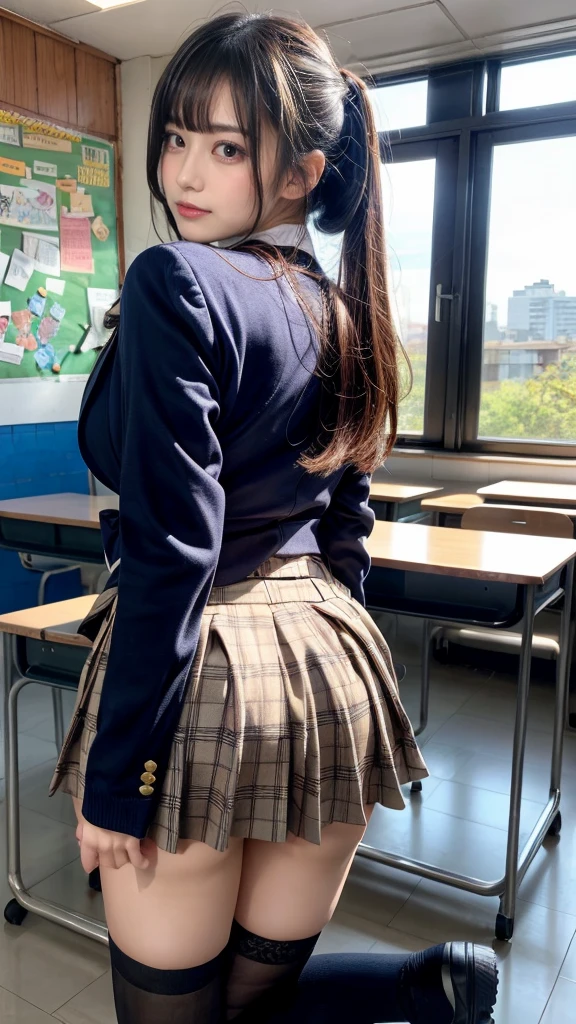 masterpiece, best quality, illustration, Super detailed, fine details, High resolution, 8K,wall paper, perfect dynamic composition,(Details High quality, realistic depiction of eyes:1.3), High School Classroom、High school girl uniform、blazer 、Super Short Check Uniform Skirt、Navy blue high socks、garterbelts、plump breasts, Disturbed uniform,  (updo:1.2), black hair color, large breasts, Big Natural Color Lip, bold sexy pose, (perfect body shape), crying a little、20 year old girl、cute type, beautiful legs, hposing Gravure Idol, Voluptuous thighs, (from behind, straddling)