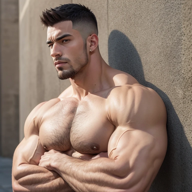a very handsome man, tall, serious, with a Mid fade haircut, with massively large muscles, with a massively large, defined and muscular body, with massively large and muscular arms, with massively large biceps, shirtless, leaning on a wall, seen from very close up