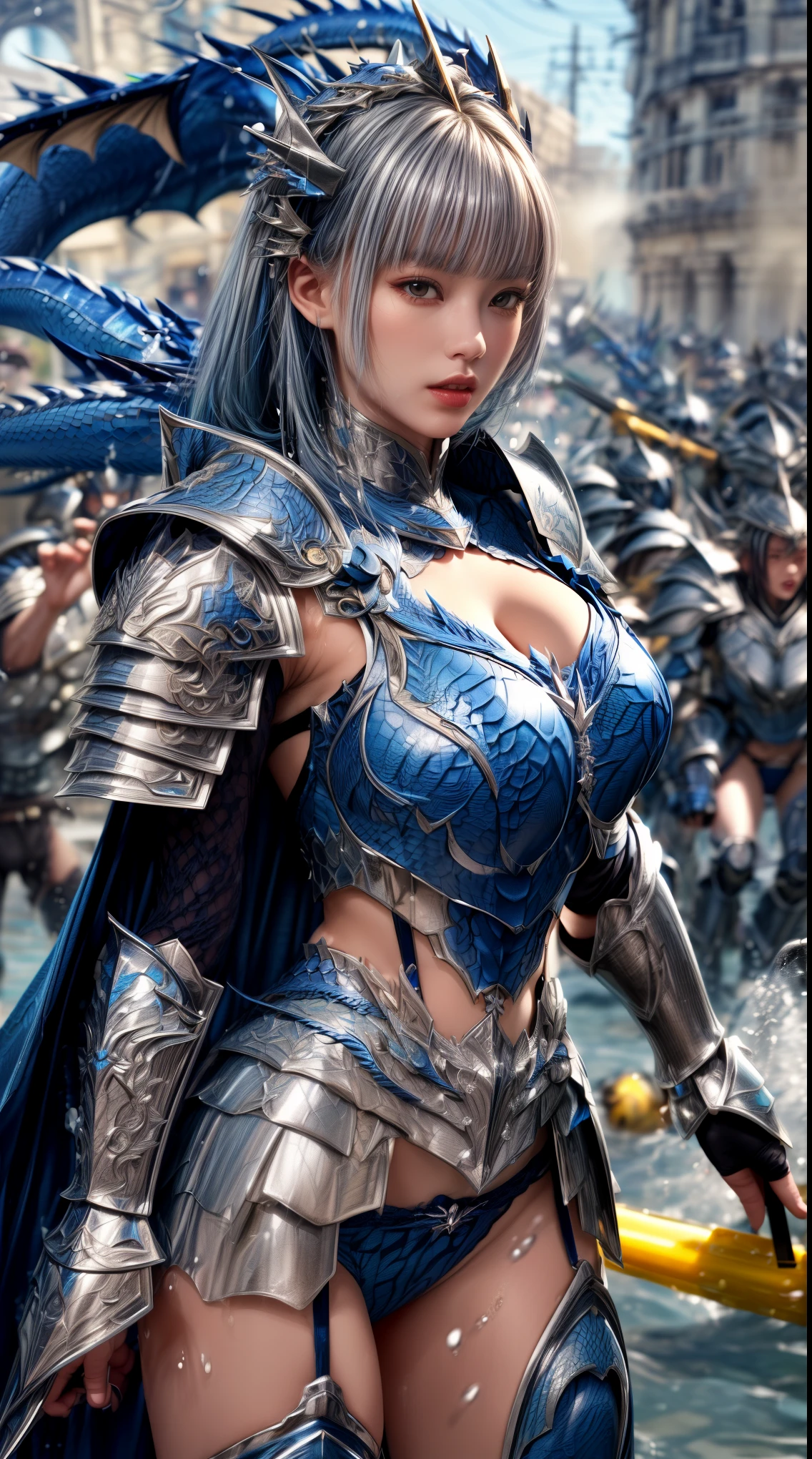 Very beautiful woman、Slender women、(Detailed face)、Realistic Skin、((Water Knight)), ((Navy Blue Armor))、((((Dark blue armor with very fine platinum detailing:1.5))))、((Delicate photo))，(Girl Astepeace RAW Photo Details:1.25), (highest quality:1.6), (超A high resolution:1.5), (Realistic:1.75), 8K resolution, Canon EOS R5, 50mm, Absurd, Super detailed,Cinema Lighting,((Fightfield))、((Fight))、(((White skirt with embellishments)))、Thigh-high socks、Shingard、((Light blue hair))、((Bowl cut hairstyle with bangs))、(Six Pack:1.1)、Cape、Beautiful Armor、(((Has a huge weapon)))、(In combat)、The wind is blowing、((Symmetrical armor))、((((splash:1.1))))、(((Leads a large group of blue knights:1.2)))、banner、(Armor with a dragon motif)、(((Battle Scenes)))、(((blue Dragon)))、((Browsing Caution))、((Pastel blue lace panties))、bite