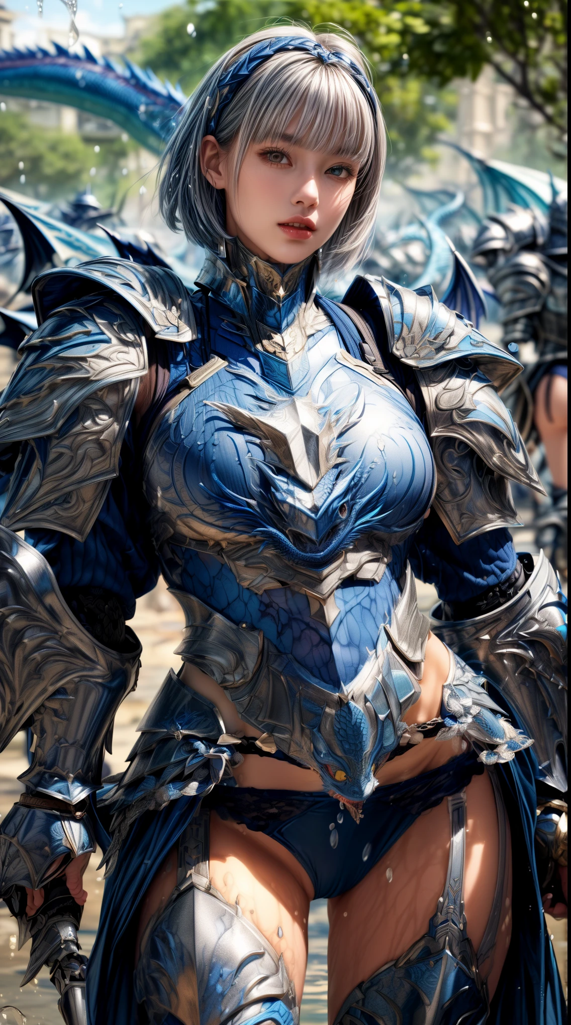 Very beautiful woman、Slender women、(Detailed face)、Realistic Skin、((Water Knight)), ((Navy Blue Armor))、((((Dark blue armor with very fine platinum detailing:1.5))))、((Delicate photo)),(Girl Astepeace RAW Photo Details:1.25), (highest quality:1.6), (超A high resolution:1.5), (Realistic:1.75), 8K resolution, Canon EOS R5, 50mm, Absurd, Super detailed,Cinema Lighting,((Fightfield))、((Fight))、(((White skirt with embellishments)))、Thigh-high socks、Shingard、((Light blue hair))、((Bowl cut hairstyle with bangs))、(Six Pack:1.1)、Cape、Beautiful Armor、(((Has a huge weapon)))、(In combat)、The wind is blowing、((Symmetrical armor))、((((splash:1.1))))、(((Leads a large group of blue knights:1.2)))、banner、(Armor with a dragon motif)、(((Battle Scenes)))、(((blue Dragon)))、((Browsing Caution))、((Pastel blue lace panties))、bite