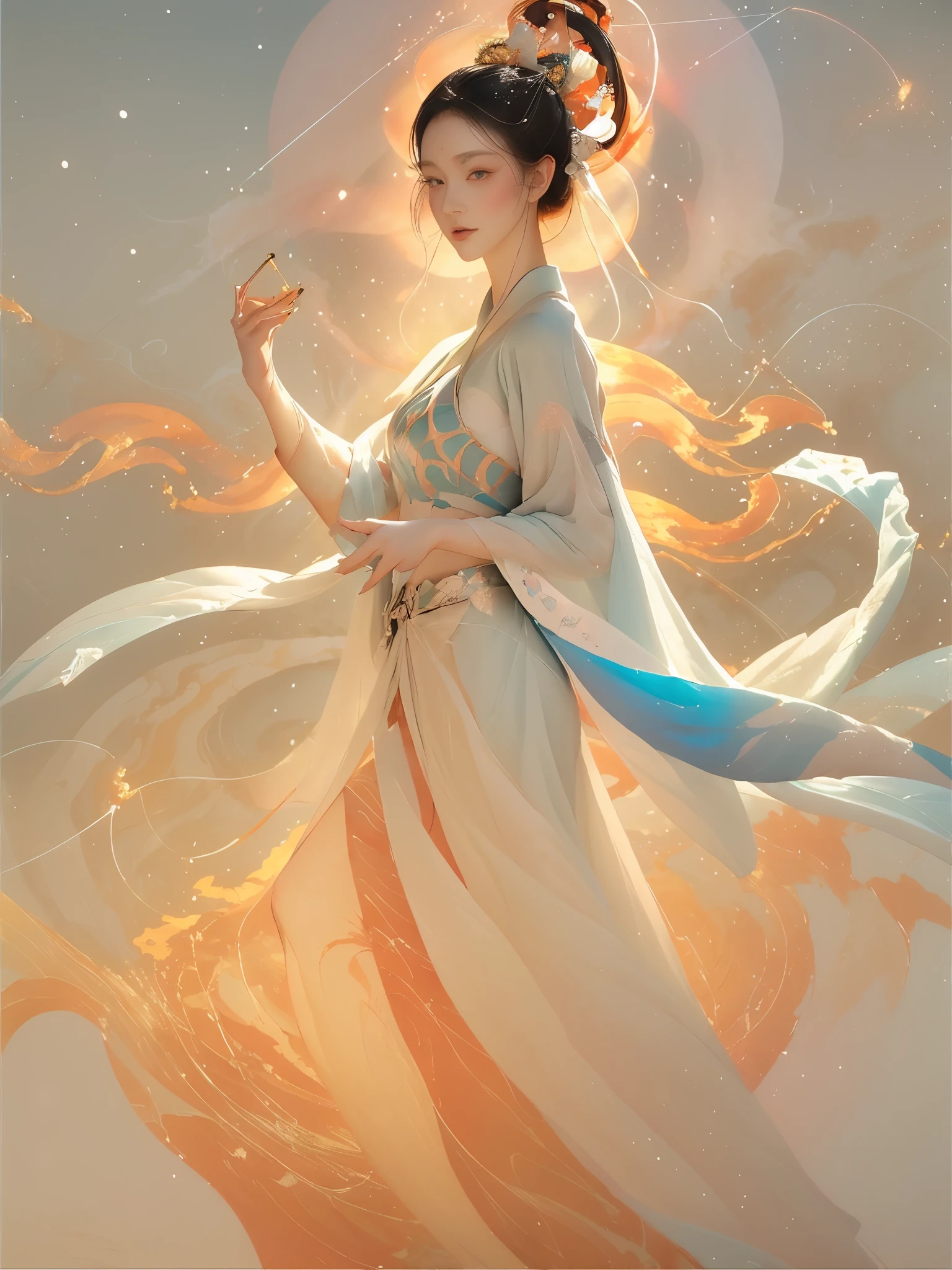 (1 Girl:1.4),Solitary, Gorgeous， Extremely detailed,(Joshua Middleton Comic Cover Art:1.1), (Action painting:1.2),(Concretism:1.2),(Hyperpolarization:1.5),rich and colorful,The most detailed,white gray background, White Hanfu, Pastel colors， (masterpiece, Top quality, best quality, Official Art, beautiful and aesthetic:1.2),