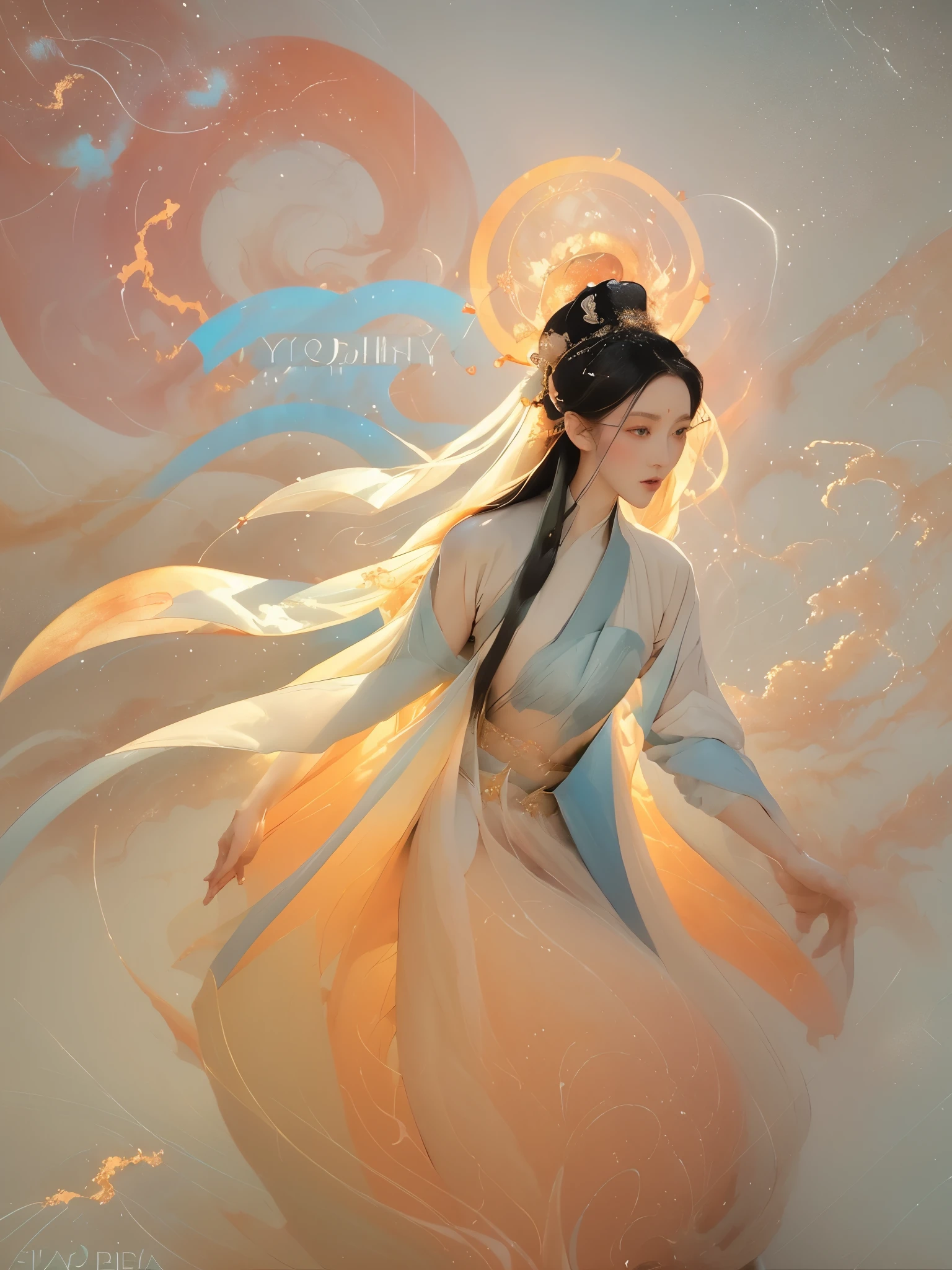 (1 Girl:1.4),Solitary, Gorgeous, Extremely detailed,(Joshua Middleton Comic Cover Art:1.1), (Action painting:1.2),(Concretism:1.2),(Hyperpolarization:1.5),rich and colorful,The most detailed,white gray background, White Hanfu, Pastel colors, (masterpiece, Top quality, best quality, Official Art, beautiful and aesthetic:1.2),