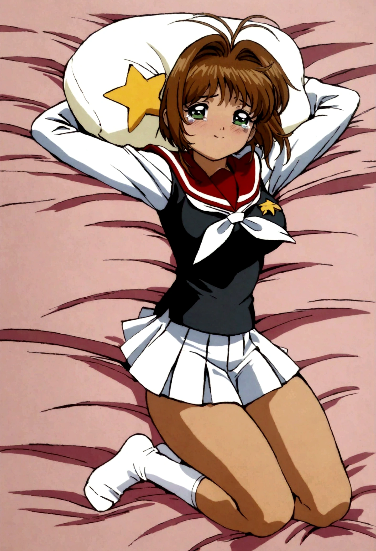 (masterpiece, best quality: 1.2),(very detailed face, real image, realistic skin, realistic body, intricate details),1 woman, Kinomoto Sakura, brown hair, alone, skirt, green eyes, Short hair, have, white skirt, white hat, Magic Girl, Antenna hair, laugh, serafuku, pleated skirt, dehisce, looking at viewer, cowboy shot, long sleeves, star (symbol), muffler, lie down in bed with both arms extended above the head and placed behind the pillow, anime girl lying down, expose plump breasts, whole body, plump thighs, Natural Pose, beautifully, cute, Fix errors without any awkwardness, tall, I have long legs, Wearing (tomoeda_초등school_school_Uniform),black top, tennis mini skirt,cry in shame, wearing white ankle socks, random sexy poses, Woman in her 30s