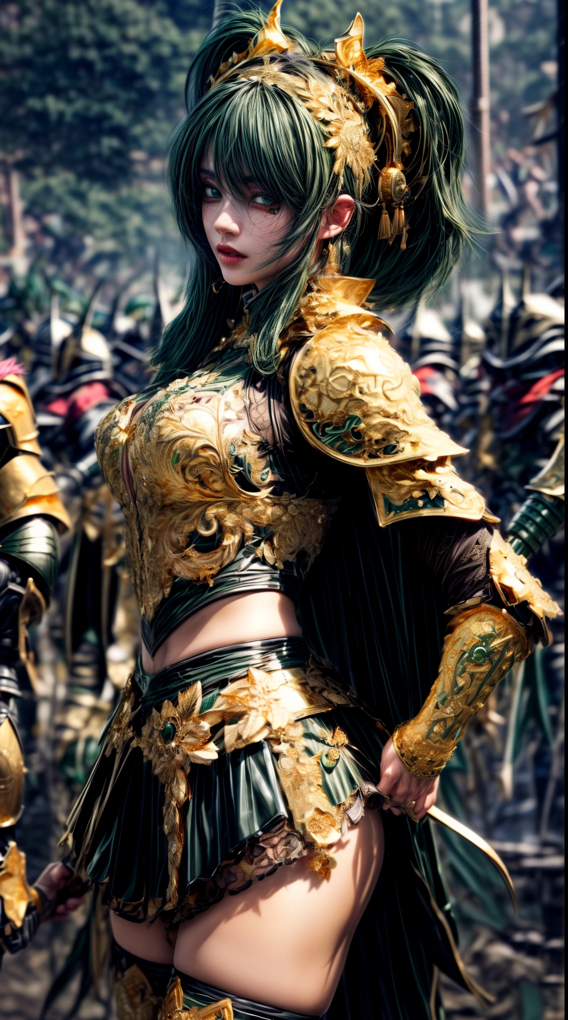 very cute 、No makeup、thin、(((Low length)))、(Detailed face)、Realistic Skin、((Wind Knight)), ((Dark green armor))、((((Dark green armor with extremely fine and intricate gold detailing:1.5))))、((Delicate photo)),(Girl Astepeace RAW Photo Details:1.25), (highest quality:1.6), (超A high resolution:1.5), (Realistic:1.75), 8K resolution, Canon EOS R5, 50mm, Absurd, Very detailed,Cinema Lighting,((Fightfield))、((Fight))、(((Embellished black skirt)))、Thigh-high socks、Shingard、((Pastel green hair))、((Low Twintails))、((Bangle color hairstyle))、(Six Pack)、Cape、Beautiful Armor、(((Has a huge weapon)))、(In combat)、The wind is blowing、((Symmetrical armor))、((((tornado))))、(((Lead a large group of knights:1.2)))、Banner、(((Battle Scenes)))、(((Dark green armor)))、((Browsing Caution))