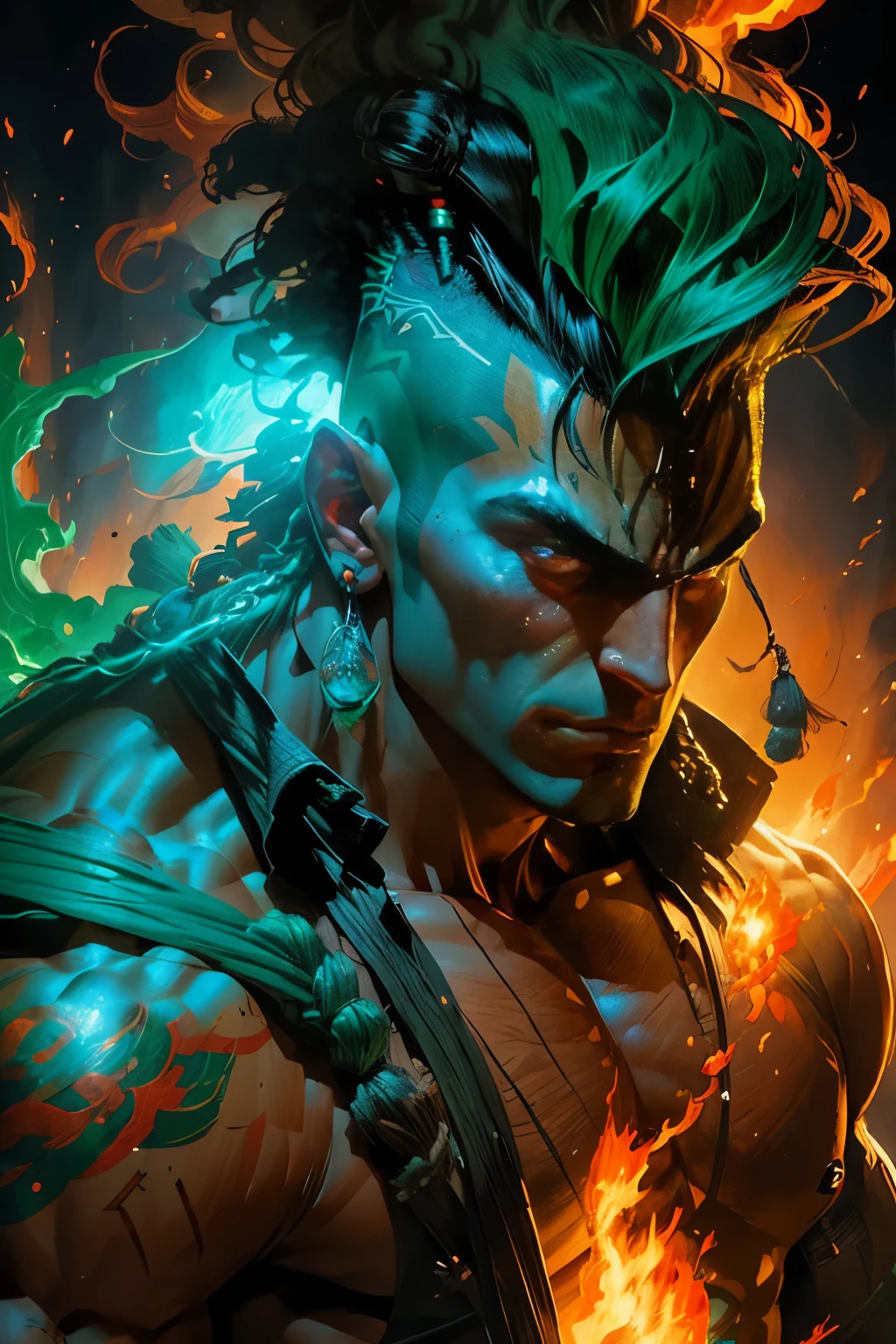 High-Definition Comic Book Panel, Emulating the Style of Marvel Comics, Native American Hero with a Green 'G' on his Chest, Green Flame Mohawk Hair. Harnessing the Greenfire's Exquisitely Detailed Powers. A Masterpiece crafted by Chris Claremont, Jim Lee, Louise Simmonson, and Art Adams.