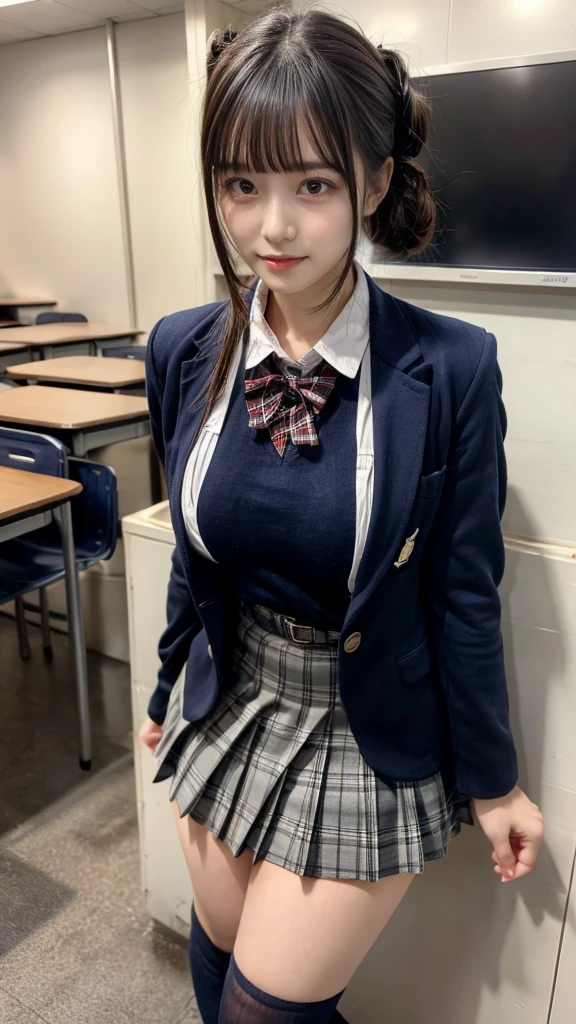 masterpiece, best quality, illustration, Super detailed, fine details, High resolution, 8K,wall paper, perfect dynamic composition,(Details High quality, realistic depiction of eyes:1.3), High School Classroom、High school girl uniform、blazer 、Super Short Check Uniform Skirt、Navy blue high socks、garterbelts、plump breasts, Disturbed uniform, (updo:1.2), black hair color, large breasts, Big Natural Color Lip, bold sexy pose, (perfect body shape), crying a little、20 year old girl、cute type, beautiful legs, hposing Gravure Idol, Voluptuous thighs