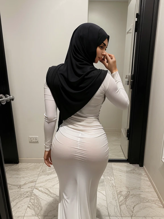 (double exposure), back view, (full body), in a private chamber, A gorgeous matured  teacher (stood) behind white wall,((35 year old)), ((malay women)), curvy fit body shape, bigger ass, gluteal,busty, (wore fitted white long sleeves baju kurung),((black hijab)),(wedding veil), private room, arabic caligraphy, pov, solo, single, skin texture, ultra high res, RAW, instagram LUT, masterpiece, best quality, ultra-detailed, ultra high resolution, RAW, 4k, (looking at viewer), extremely detailed eyes and face, (beautiful detailed nose), (beautiful detailed thigh), (beautiful detailed eyes), perfect body proportion, (looking at viewer), smirk, red lips,ceramic floor, (black hijab)