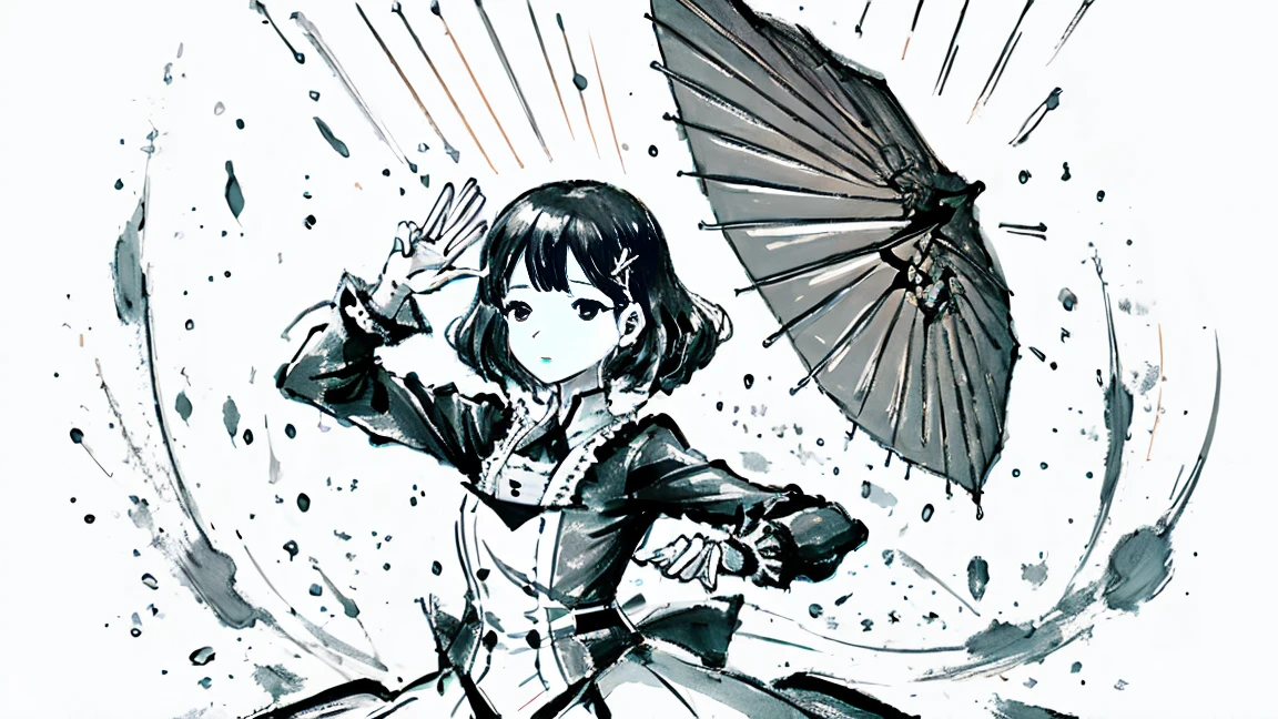 Black and white drawing on parchment of a girl with an umbrella in the rain, Vector Art Style, Very detailed, creative, Splash Ink, Dynamic pose, concept art design, Digital Painting.