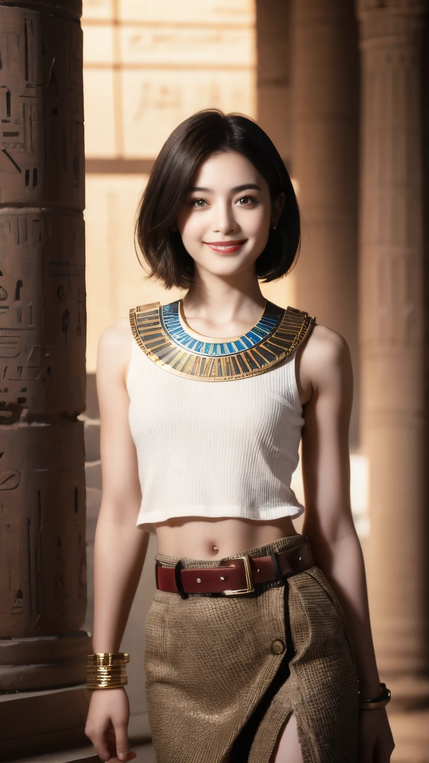 241 20-year-old female, short hair,A kind smile, lipstick, Egyptian civilization, Belt on waist