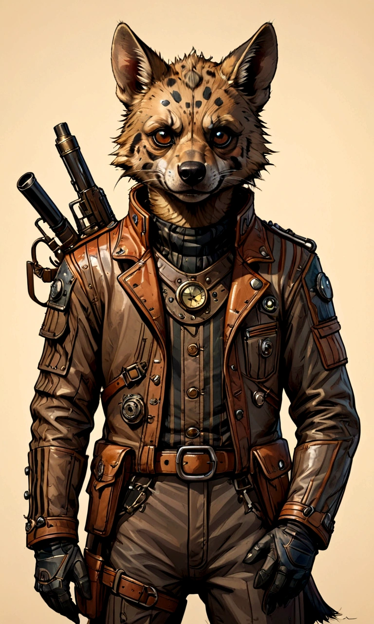 ((Masterpiece)), (Best Quality), (Cinematic),(highly accurate drawing in every detail)(extremely precise representation)half_body_portrait,victorian steampunk vibe,, a stunning steampunk striped hyena(male)(with all hyena specific bodyparts) dressed in cool leather pilot suit with layers and buckles and accessoires holding a ballistic gun,big eyes, high quality linework,plain background,1 line drawing,Hyaena hyaena, plain white background