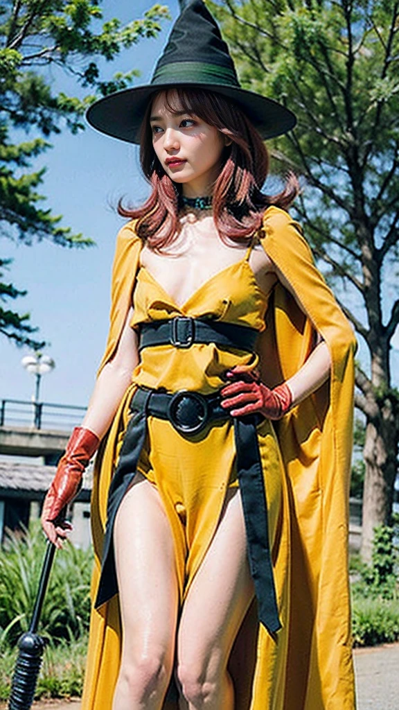 (masterpiece, highest quality:1.1), magician (dq3), (alone),Japanese beautiful girl, alone, Pink Hair, Red eyes, witch hat, gloves, dress, Small and beautiful breasts、Beautiful cherry-colored areola、Erect nipples、Narrow waist、Shaved, Green costume, (belt), boots, Orange Cape, No underwear、No underwear、staff, Black socks, witch, ((Upper Body Shot)), Fantastic landscape, Otherworldly landscapes,