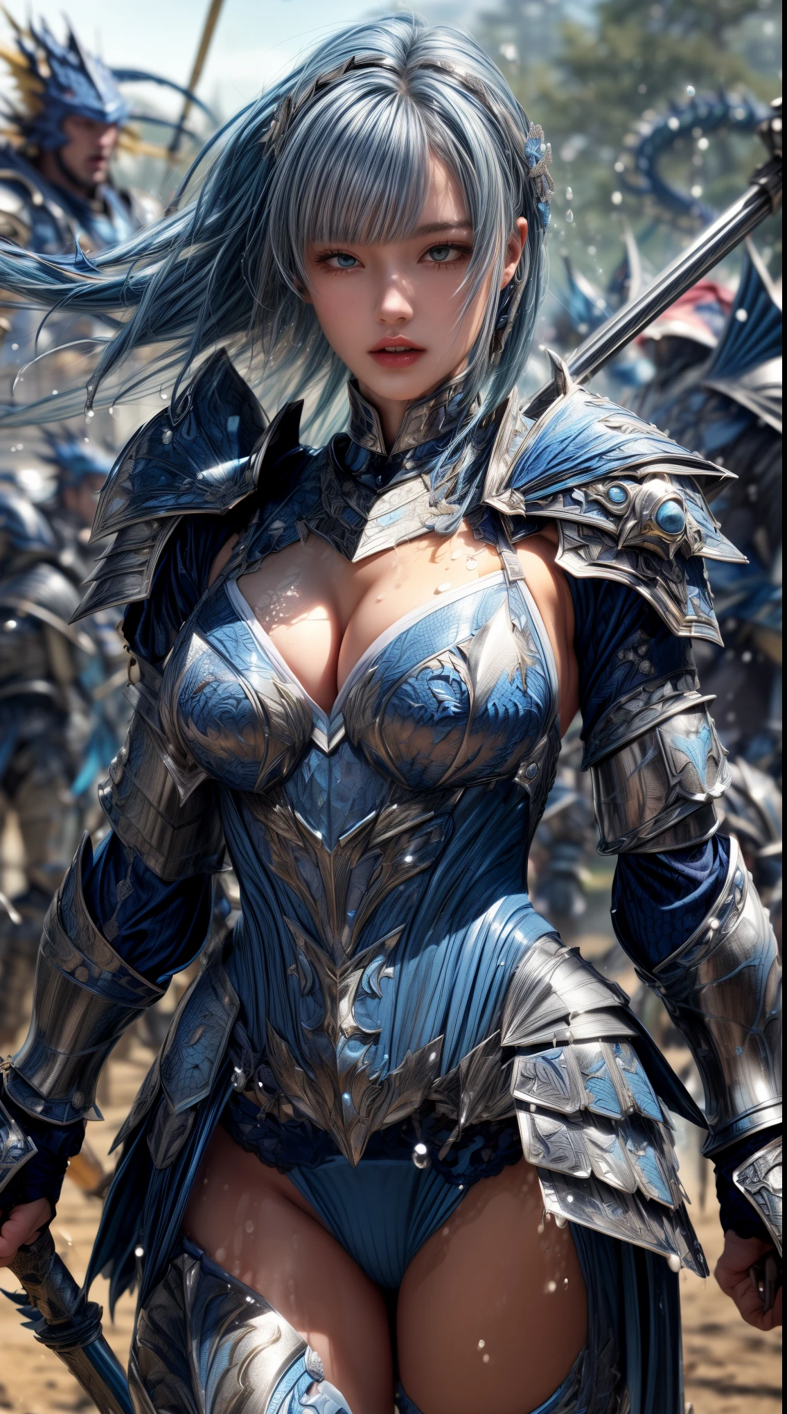 Very beautiful woman、Slender women、(Detailed face)、Realistic Skin、((Water Knight)), ((Navy Blue Armor))、((((Dark blue armor with very fine platinum detailing:1.5))))、((Delicate photo))，(Girl Astepeace RAW Photo Details:1.25), (highest quality:1.6), (超A high resolution:1.5), (Realistic:1.75), 8K resolution, Canon EOS R5, 50mm, Absurd, Super detailed,Cinema Lighting,((Fightfield))、((Fight))、(((White skirt with embellishments)))、Thigh-high socks、Shingard、((Light blue hair))、((Bowl cut hairstyle with bangs))、(Six Pack:1.1)、Cape、Beautiful Armor、(((Has a huge weapon)))、(In combat)、The wind is blowing、((Symmetrical armor))、((((splash:1.1))))、(((Leads a large group of blue knights:1.2)))、banner、(Armor with a dragon motif)、(((Battle Scenes)))、(((blue Dragon)))、((Browsing Caution))、((Pastel blue lace panties))、bite