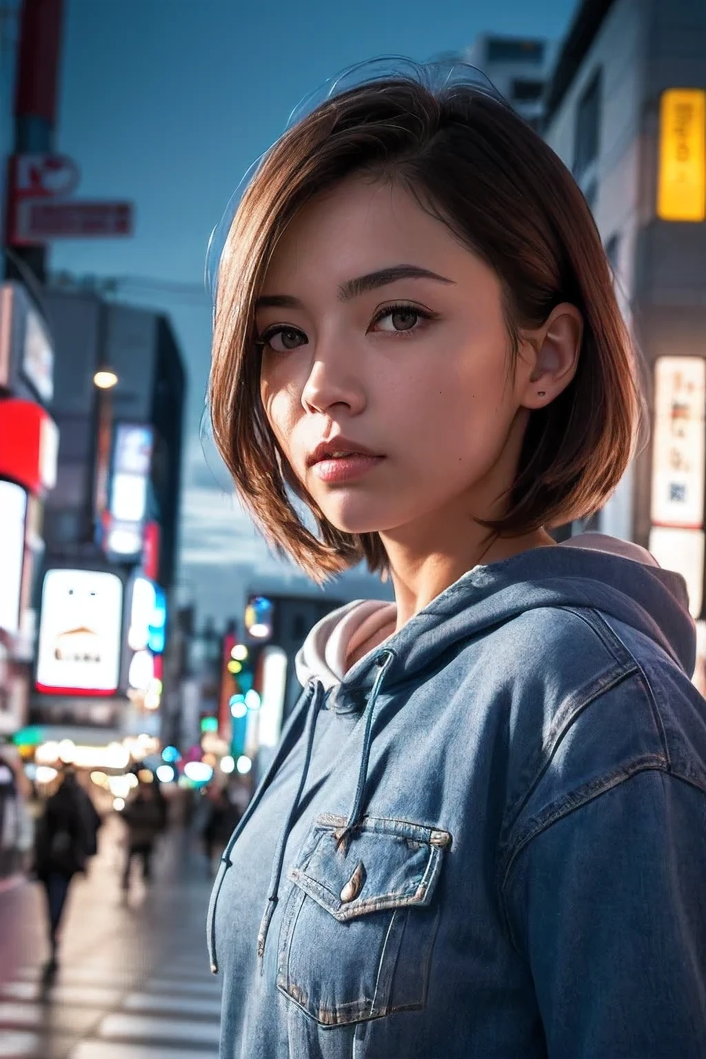 (8k, RAW photo, best quality, masterpiece:1.2), (realistic, photo-realistic:1.37), ultra-detailed, 1 woman, solo, beautiful detailed sky, detailed tokyo street, (night:1.2), beautiful detailed eyes, hoodie, denim, (short hair), hair blowing in the wind, floating hair