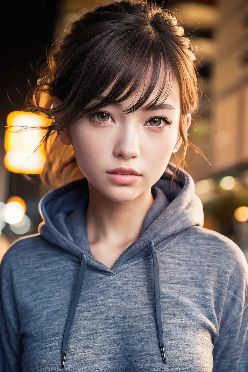 (8k, RAW photo, best quality, masterpiece:1.2), (realistic, photo-realistic:1.37), ultra-detailed, 1 woman, solo, beautiful detailed sky, detailed tokyo street, (night:1.2), beautiful detailed eyes, hoodie, denim, (short hair), hair blowing in the wind, floating hair