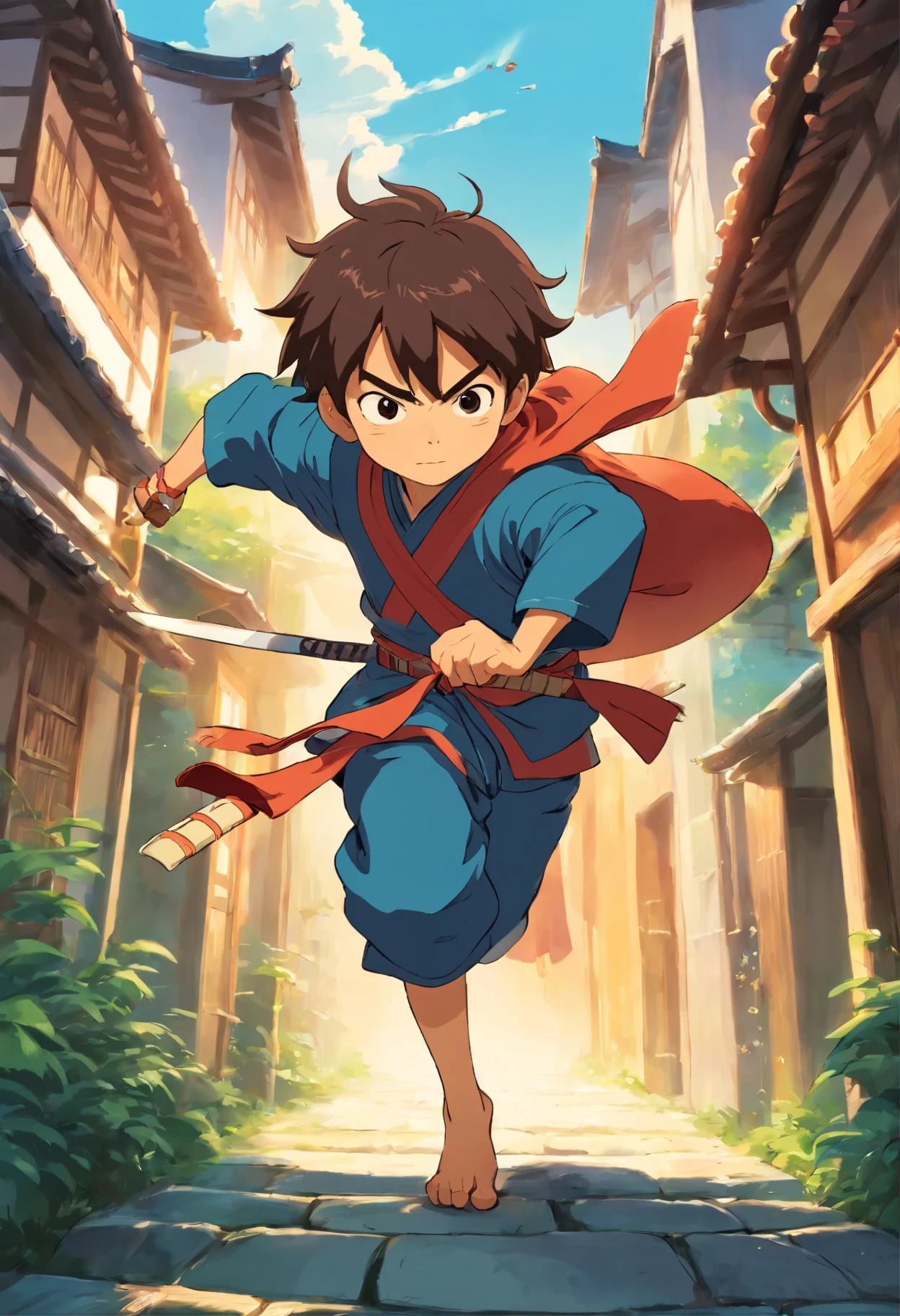 A boy impersonating a ninja