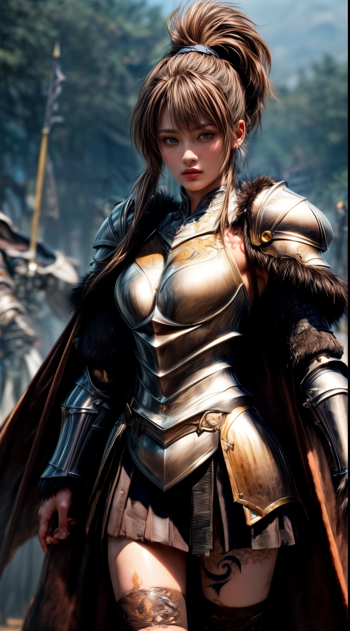 detailed portrait of a female warrior in Warhammer 40k Sisters of Battle power armor, intricate armor plates, detailed face with strong features, piercing eyes, determined expression, power sword in hand, dynamic battle pose, advanced technology background, cinematic lighting, highly detailed, photorealistic, 8k