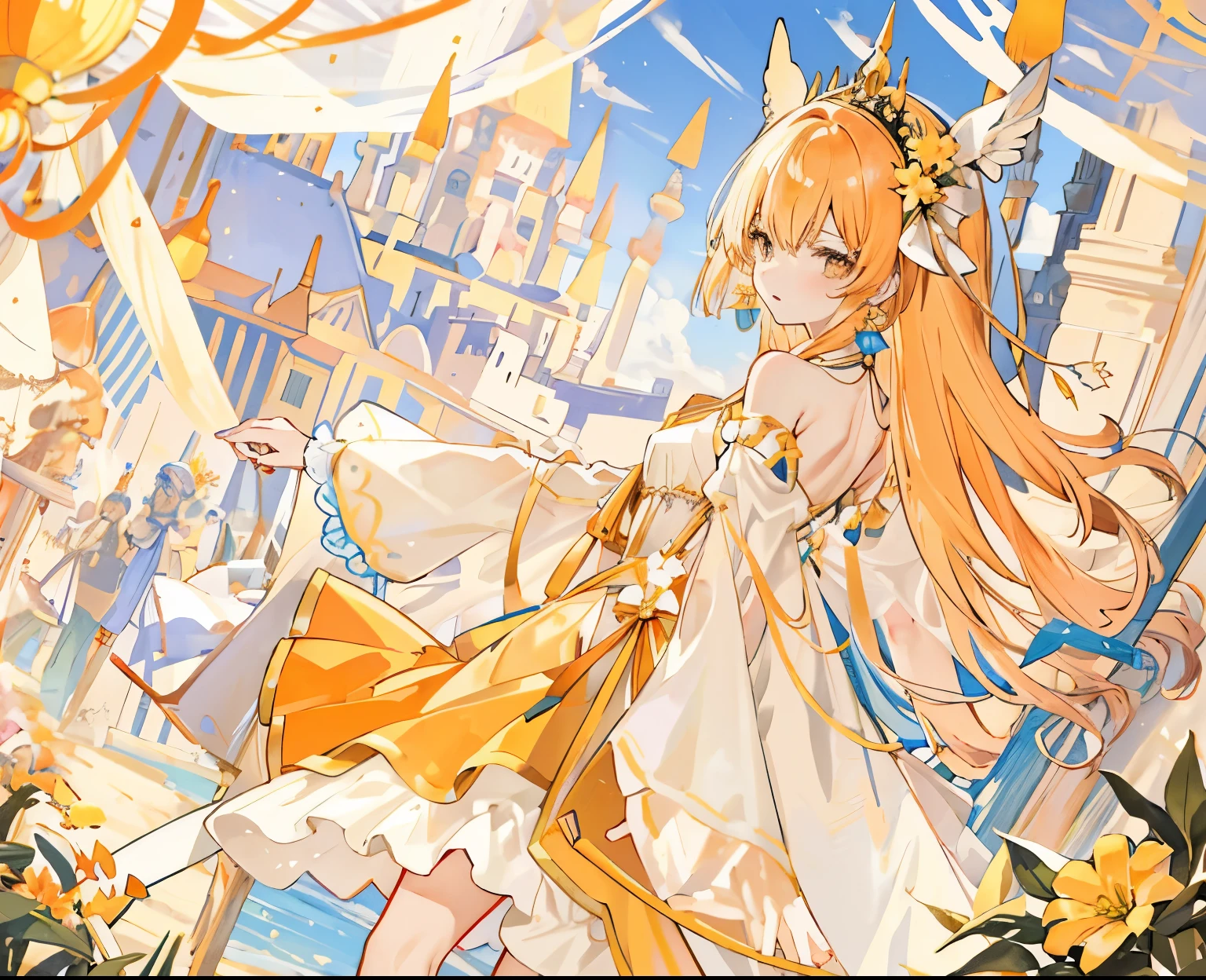Sheer Robe、beige、Lots of trinkets、Fantasy、orange color、Men like women、High quality、Cool composition、Golden Grassland、Sand Town、Palace in the back、turn around、orange colorの花、With the hem of the dress、spread