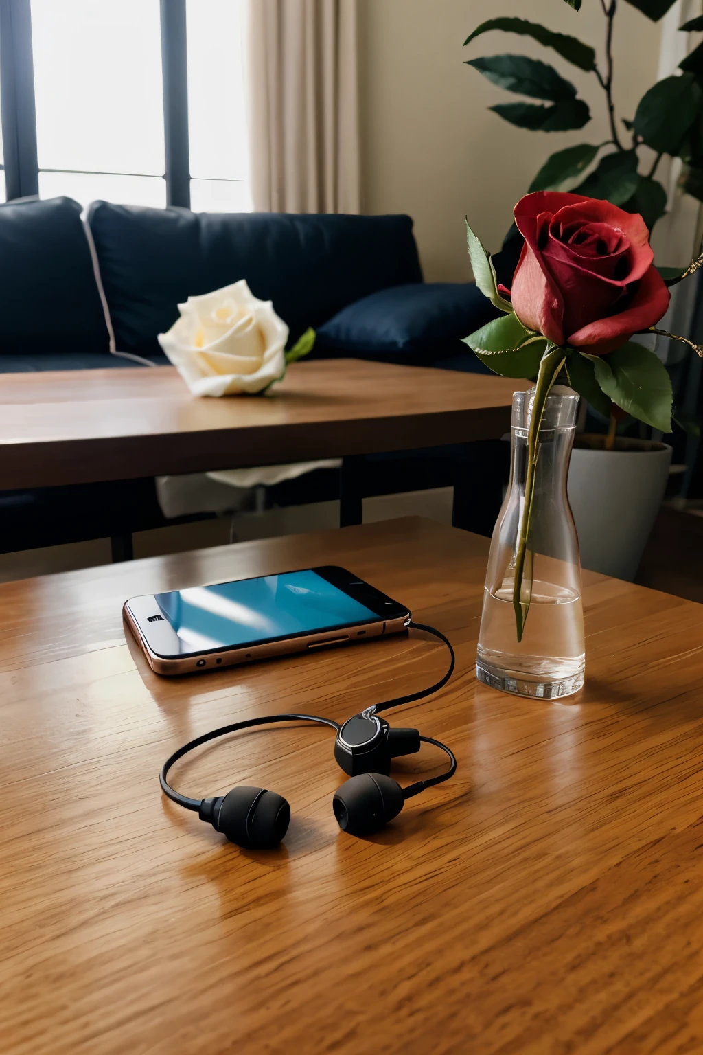 A earphone on the table and near a rose and 1 mobile